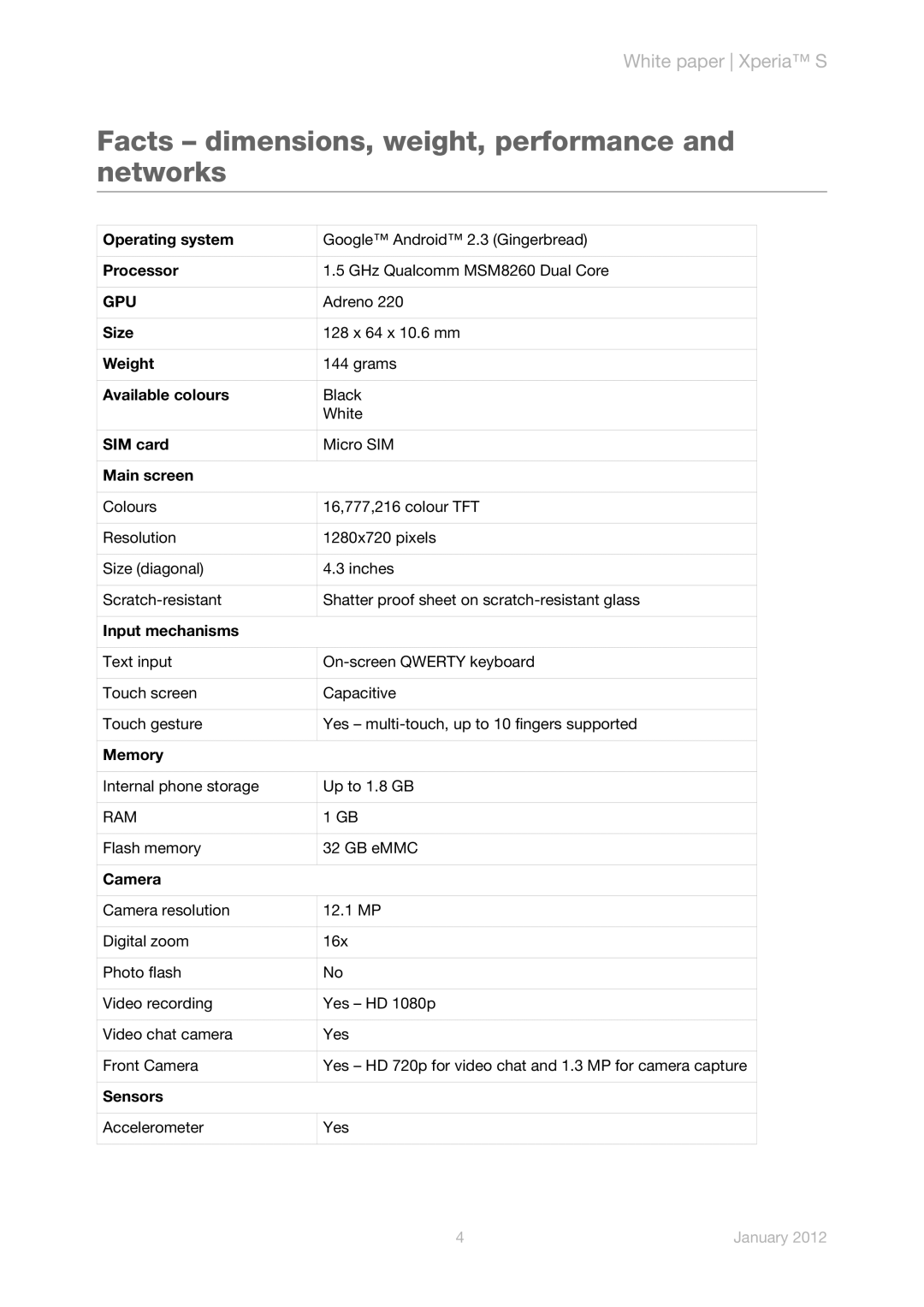 Sony LT26i manual Facts dimensions, weight, performance and networks 