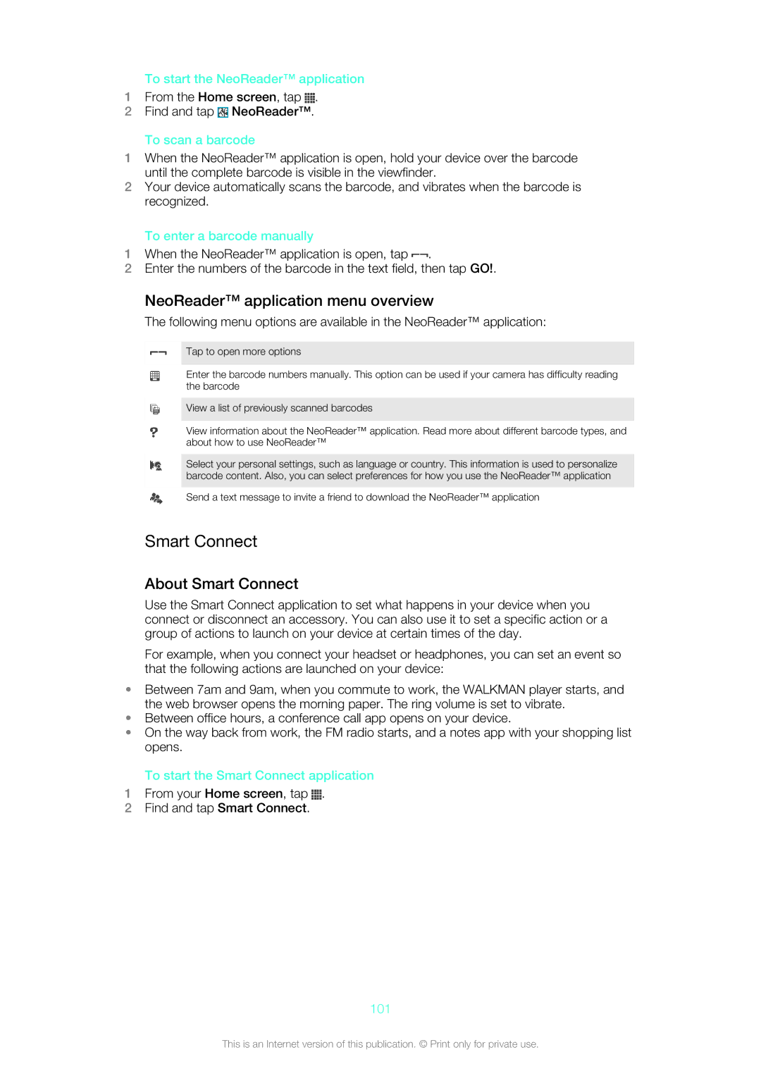 Sony 1266-1567, LT26w manual NeoReader application menu overview, About Smart Connect 