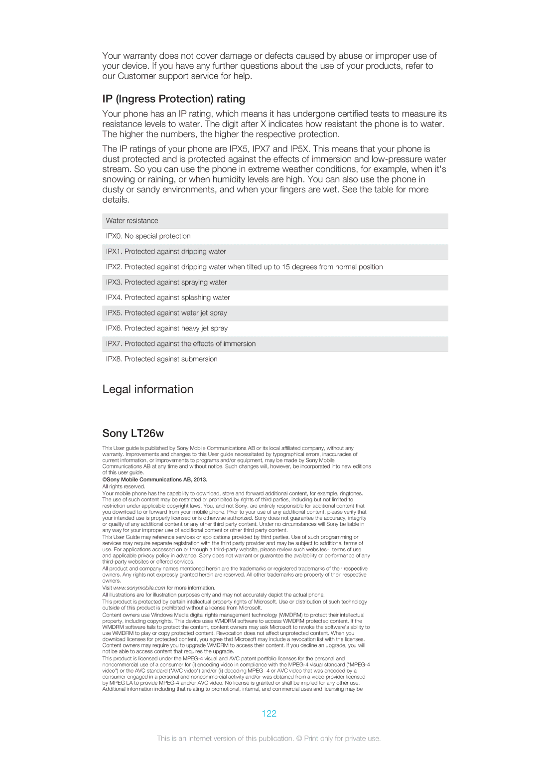 Sony 1266-1567 manual Legal information, IP Ingress Protection rating, Sony LT26w, 122 