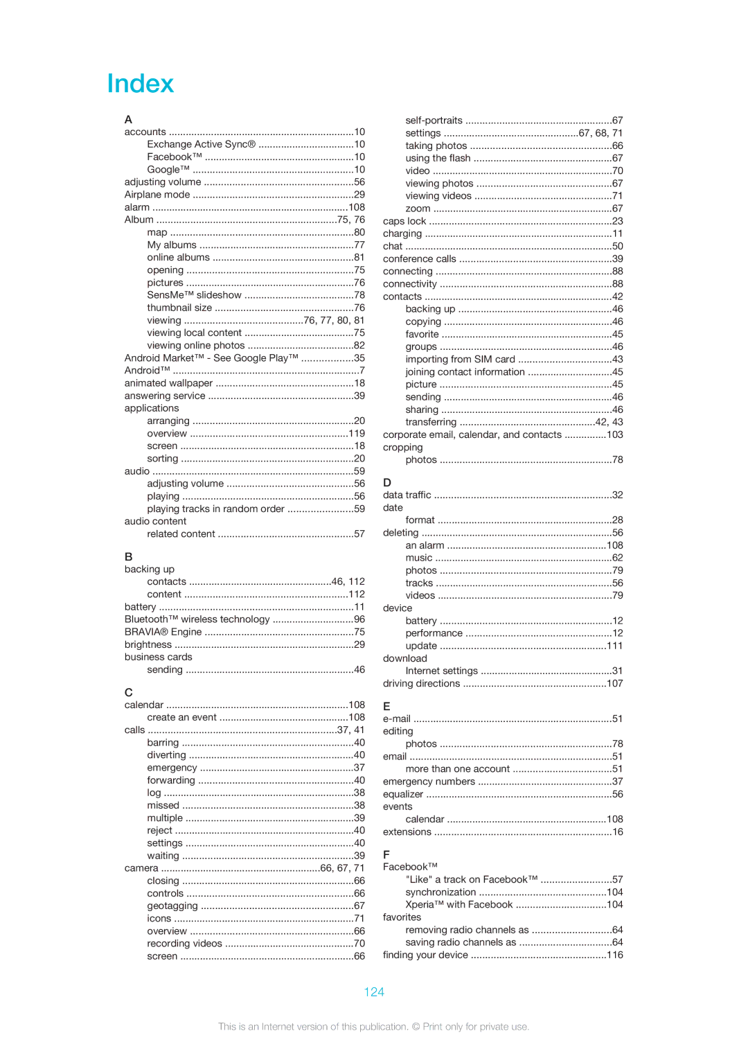 Sony LT26w, 1266-1567 manual Index, 124 