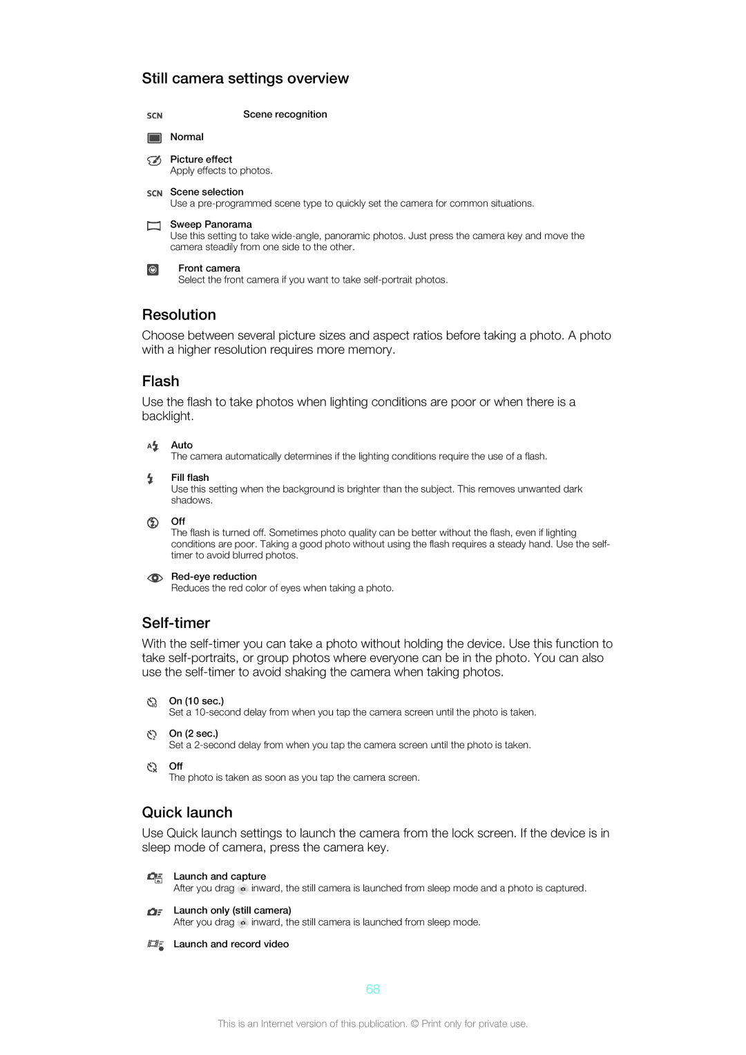 Sony LT26w, 1266-1567 manual Still camera settings overview, Resolution, Flash, Self-timer, Quick launch 