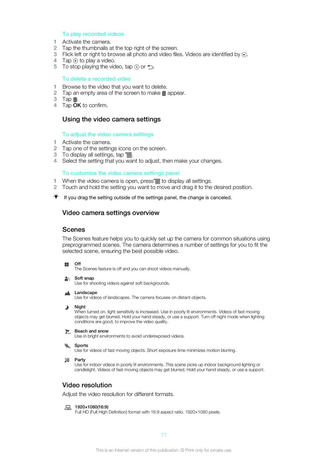 Sony 1266-1567, LT26w manual Using the video camera settings, Video camera settings overview Scenes, Video resolution 