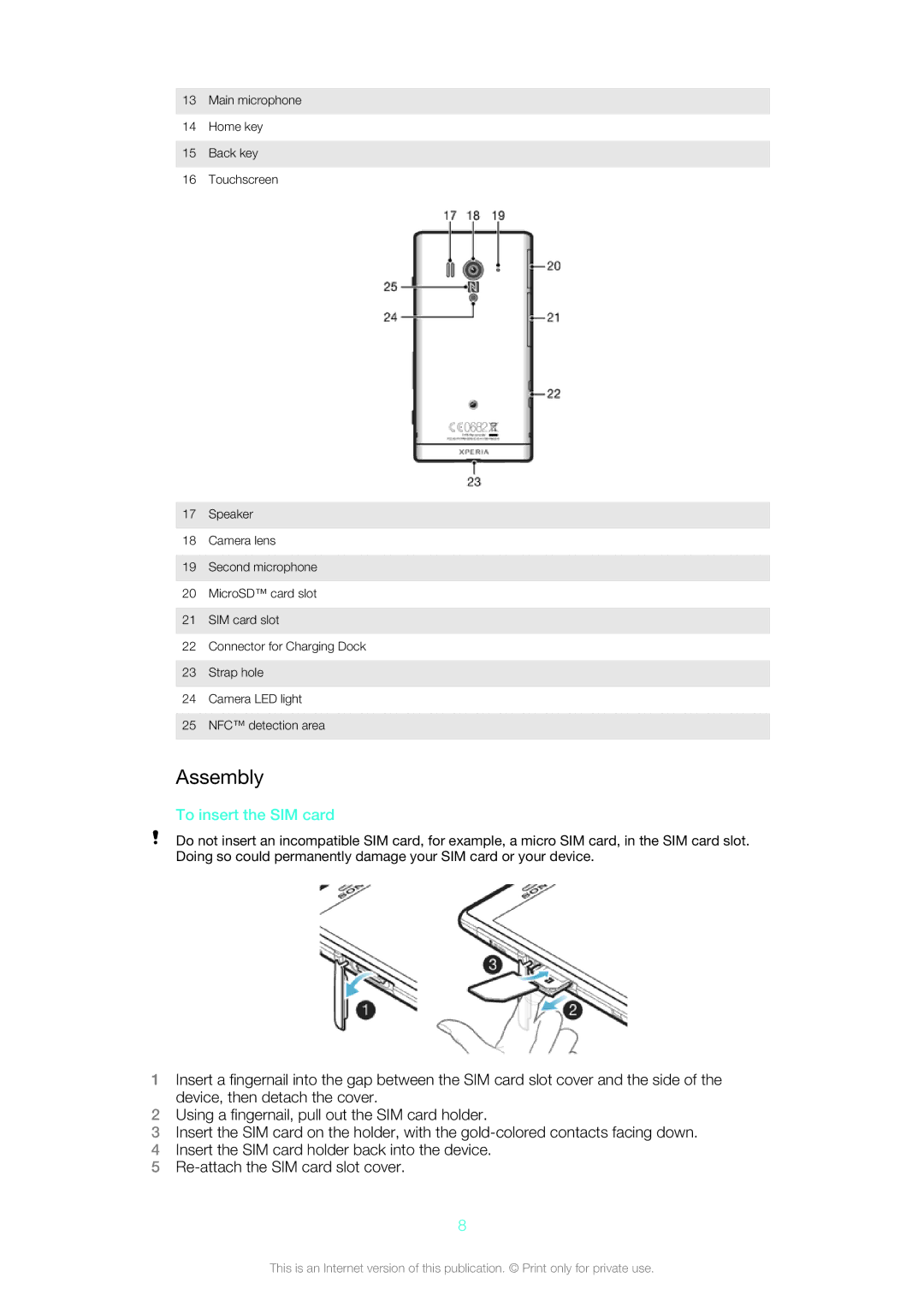 Sony LT26w, 1266-1567 manual Assembly, To insert the SIM card 