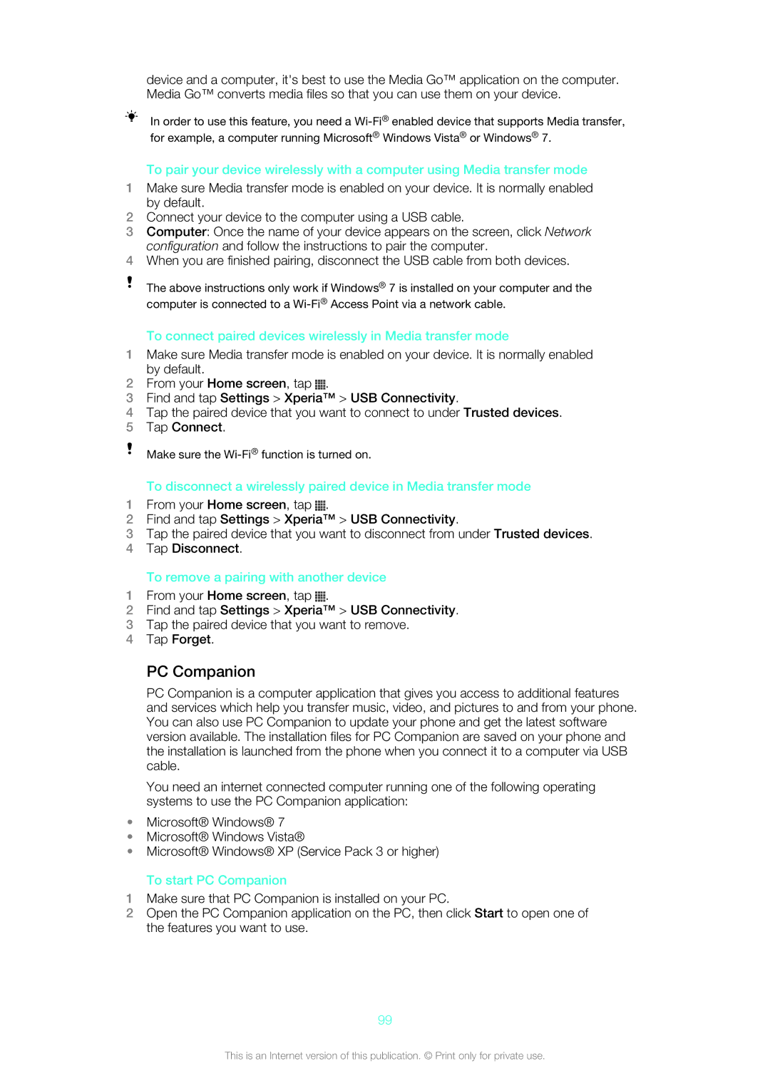 Sony 1266-1567, LT26w manual To connect paired devices wirelessly in Media transfer mode, To start PC Companion 