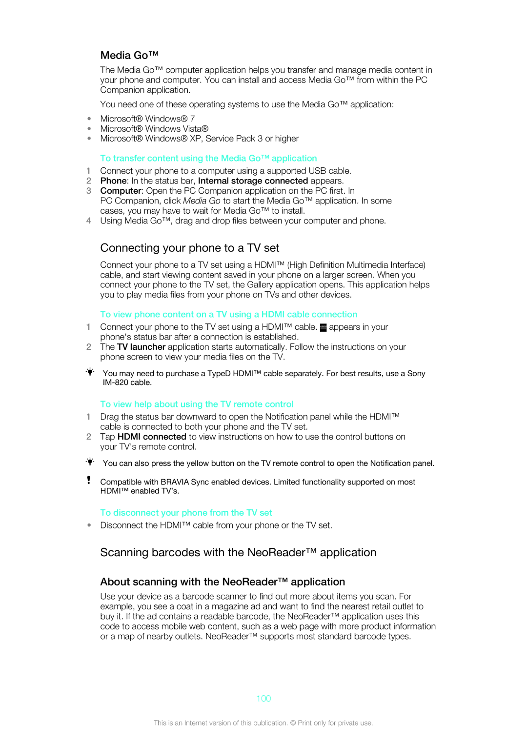 Sony LT26w manual Connecting your phone to a TV set, Scanning barcodes with the NeoReader application, Media Go 