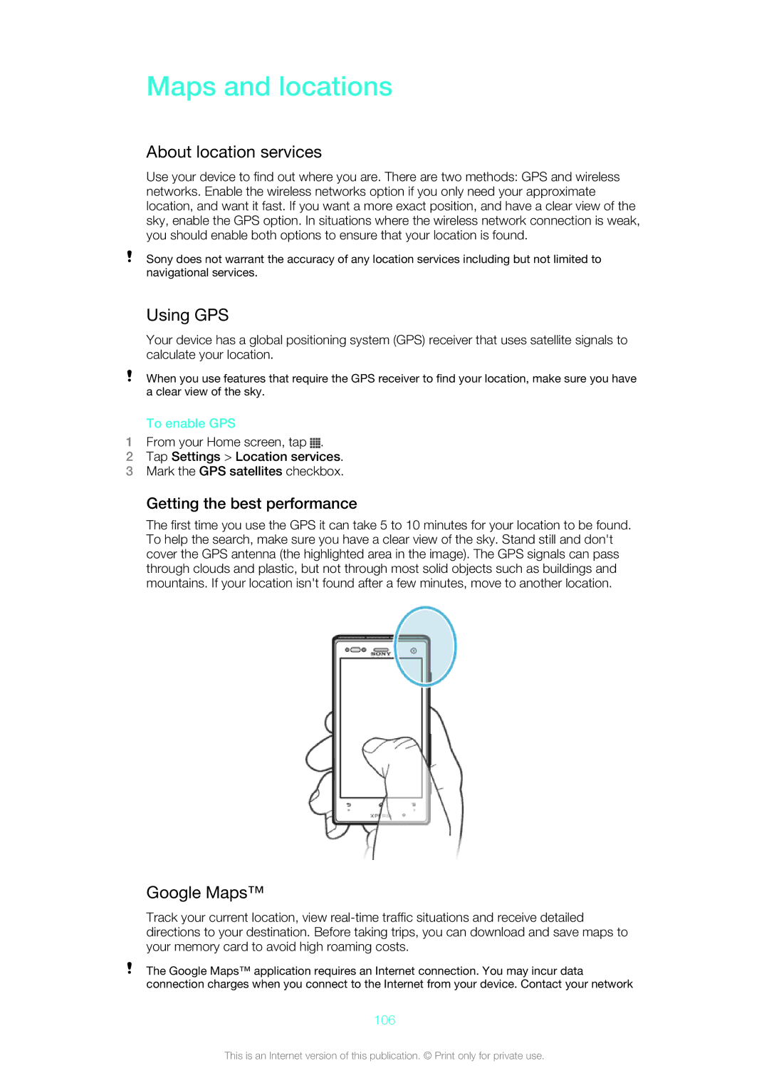 Sony LT26w manual Maps and locations, About location services, Using GPS, Google Maps, Getting the best performance 