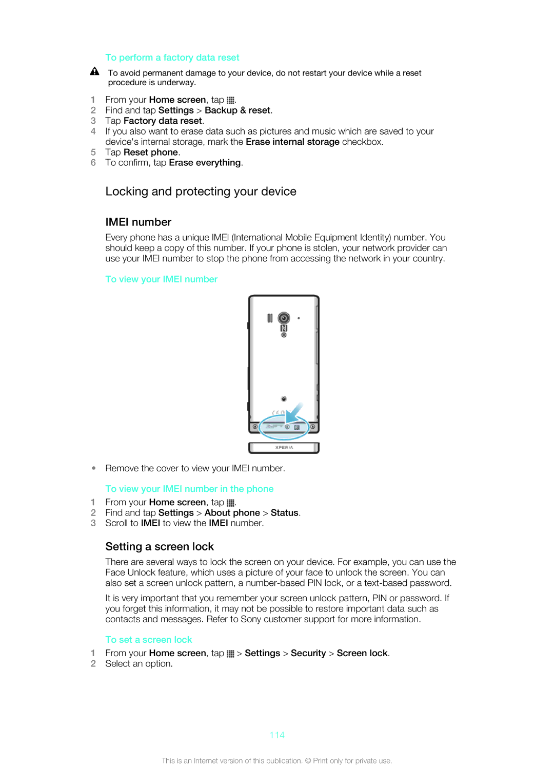 Sony LT26w manual Locking and protecting your device, Imei number, Setting a screen lock 