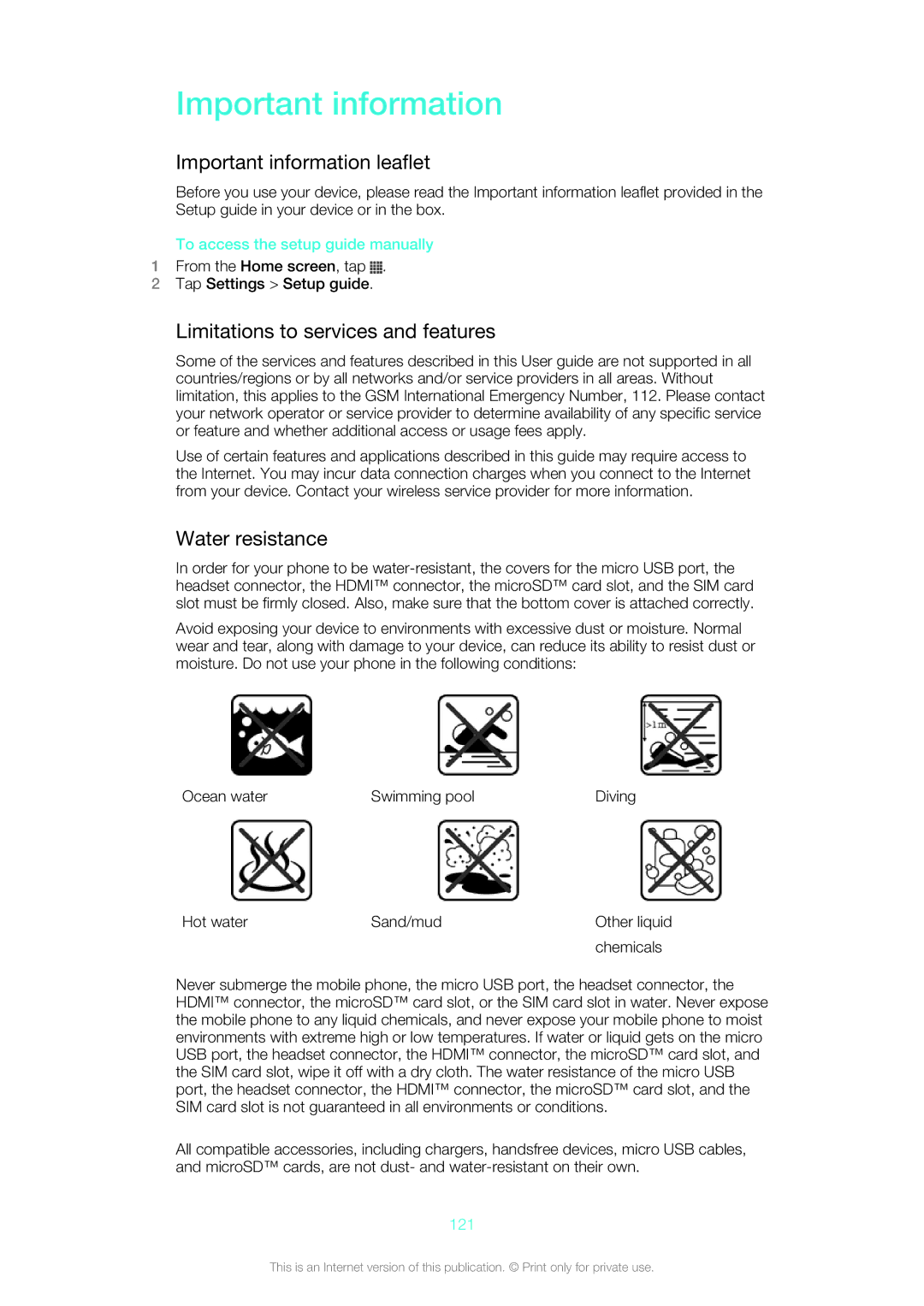 Sony LT26w manual Important information leaflet, Limitations to services and features, Water resistance, 121 