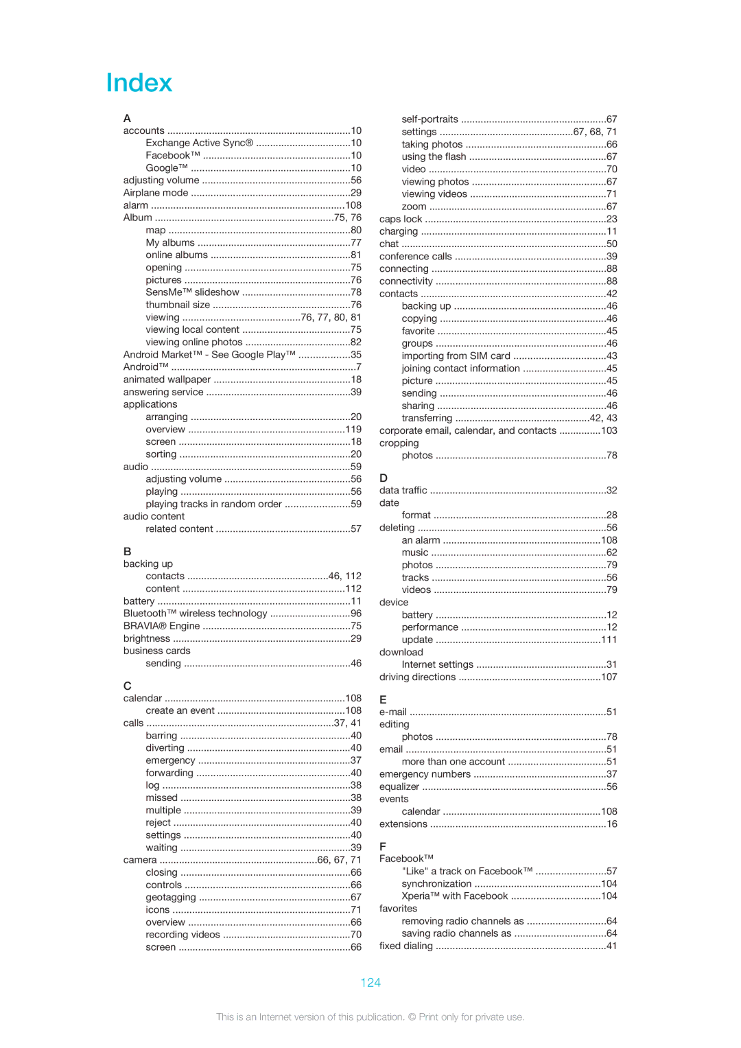 Sony LT26w manual Index, 124 