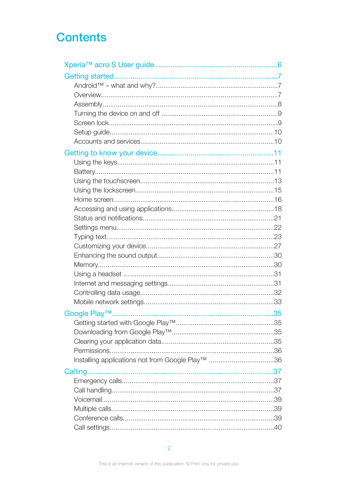 Sony LT26w manual Contents 