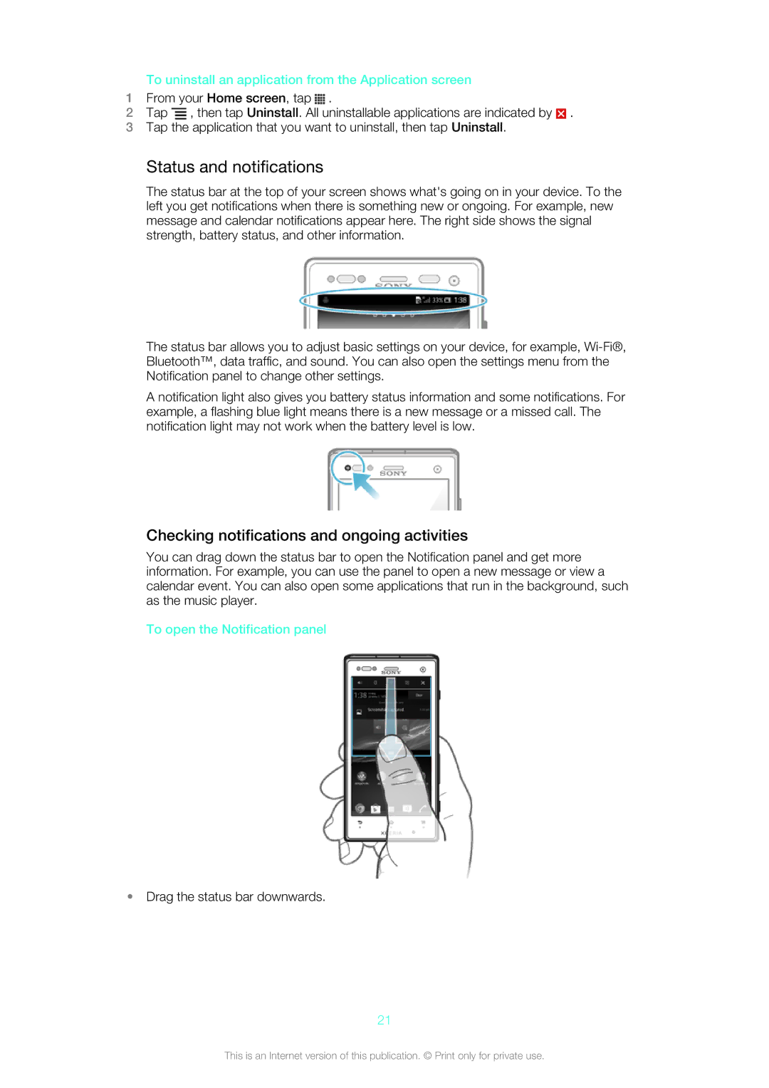 Sony LT26w manual Status and notifications, Checking notifications and ongoing activities, To open the Notification panel 