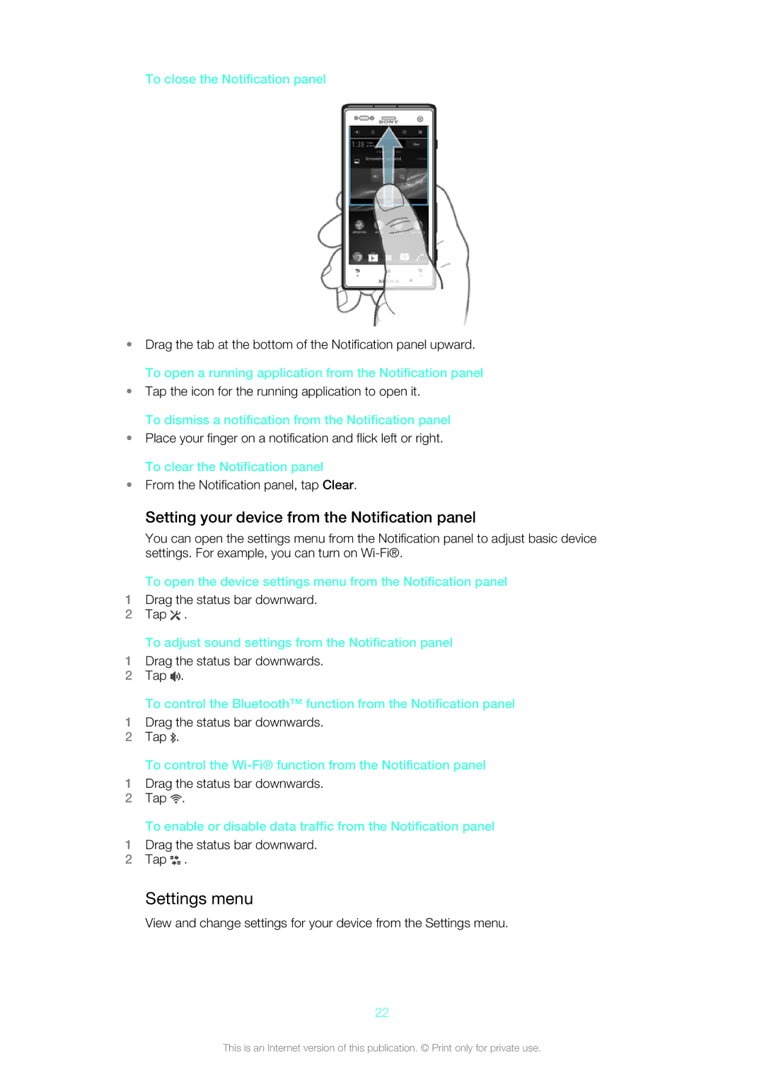 Sony LT26w manual Settings menu, Setting your device from the Notification panel 