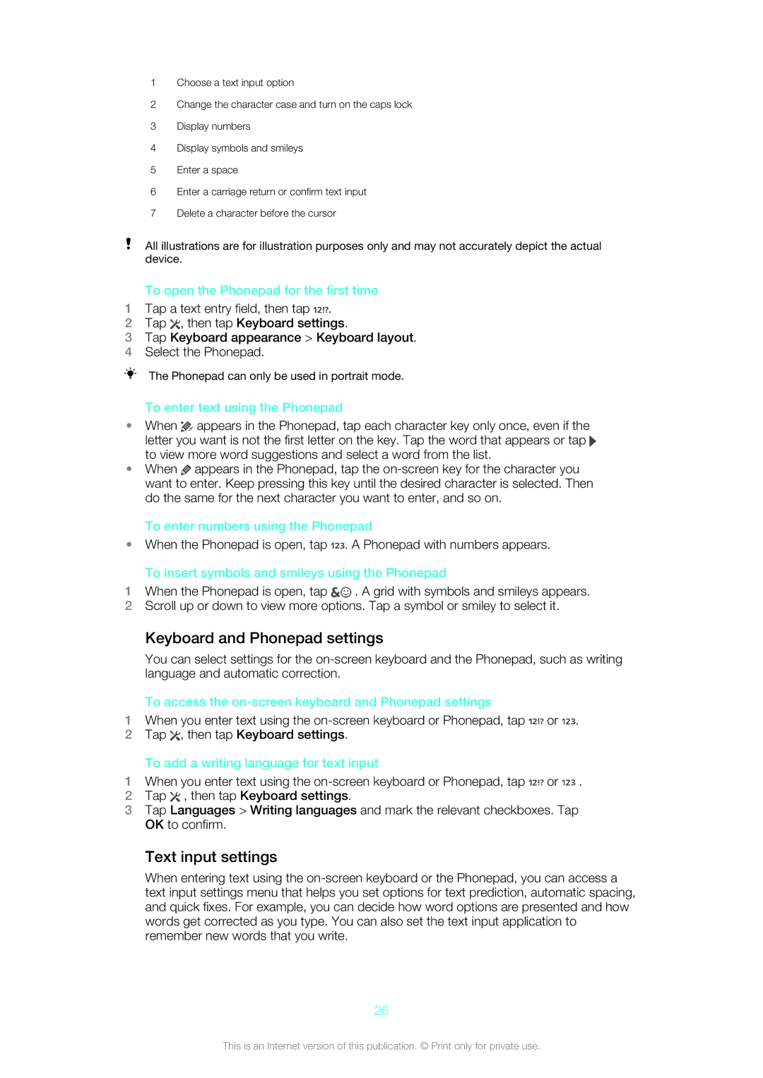 Sony LT26w manual Keyboard and Phonepad settings, Text input settings 