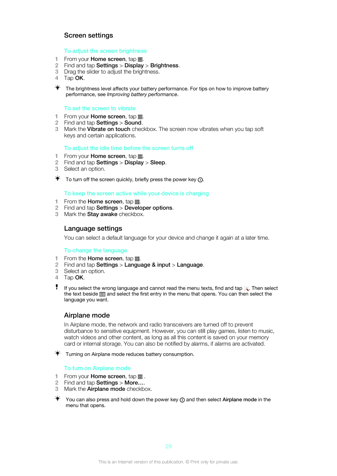 Sony LT26w manual Screen settings, Language settings, Airplane mode 