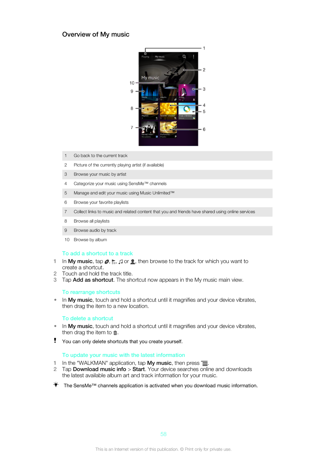 Sony LT26w manual Overview of My music, To add a shortcut to a track, To rearrange shortcuts, To delete a shortcut 