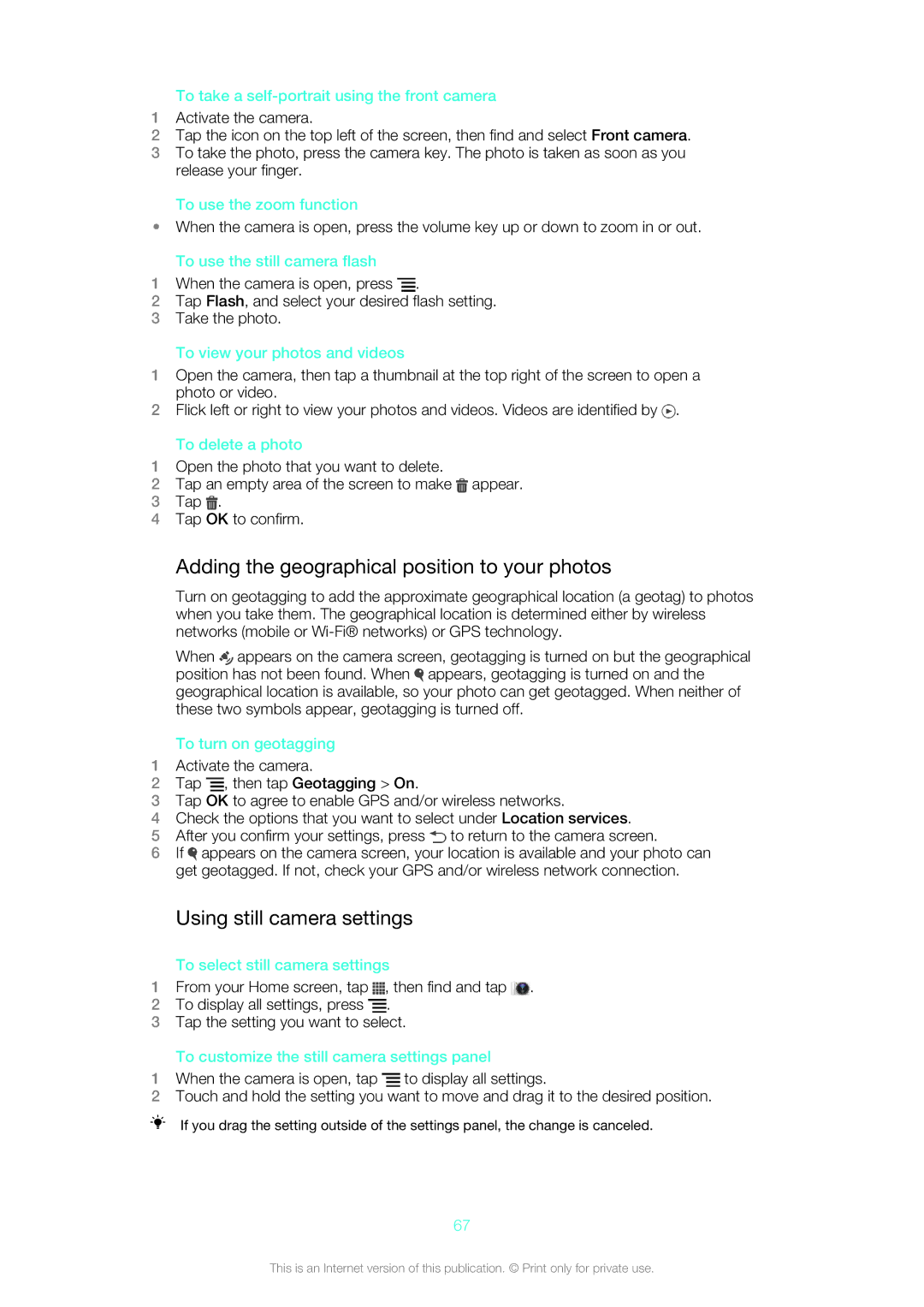 Sony LT26w manual Adding the geographical position to your photos, Using still camera settings 