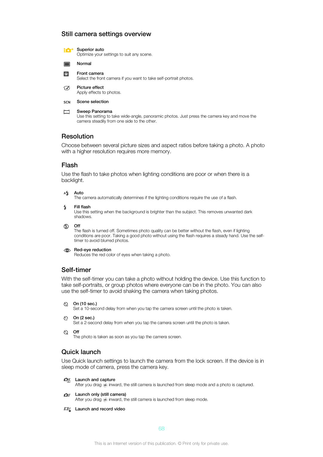 Sony LT26w manual Still camera settings overview, Resolution, Flash, Self-timer, Quick launch 