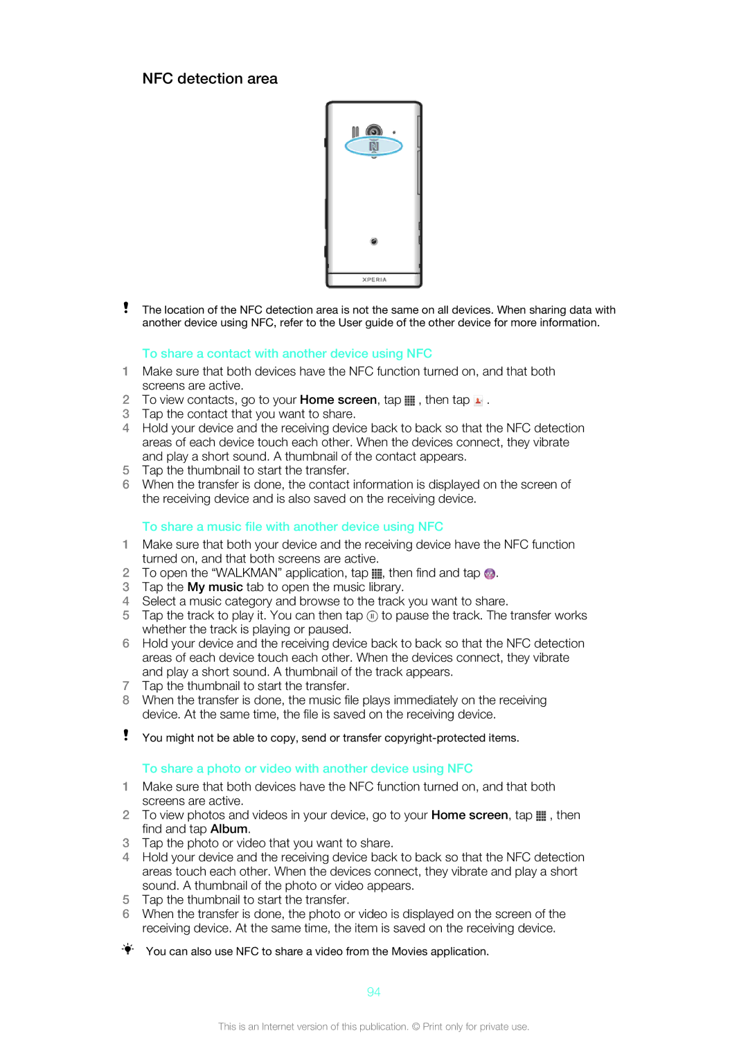 Sony LT26w manual NFC detection area, To share a contact with another device using NFC 