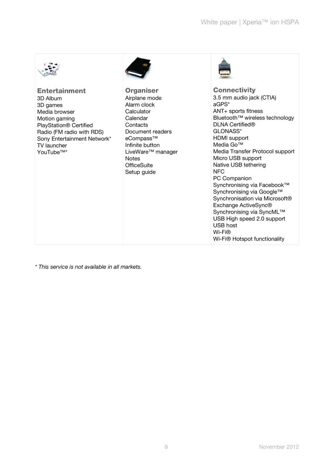 Sony LT28h manual Entertainment Organiser Connectivity, Glonass, Nfc 