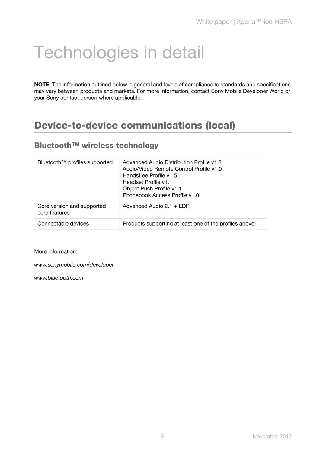 Sony LT28h manual Device-to-device communications local, Bluetooth wireless technology 