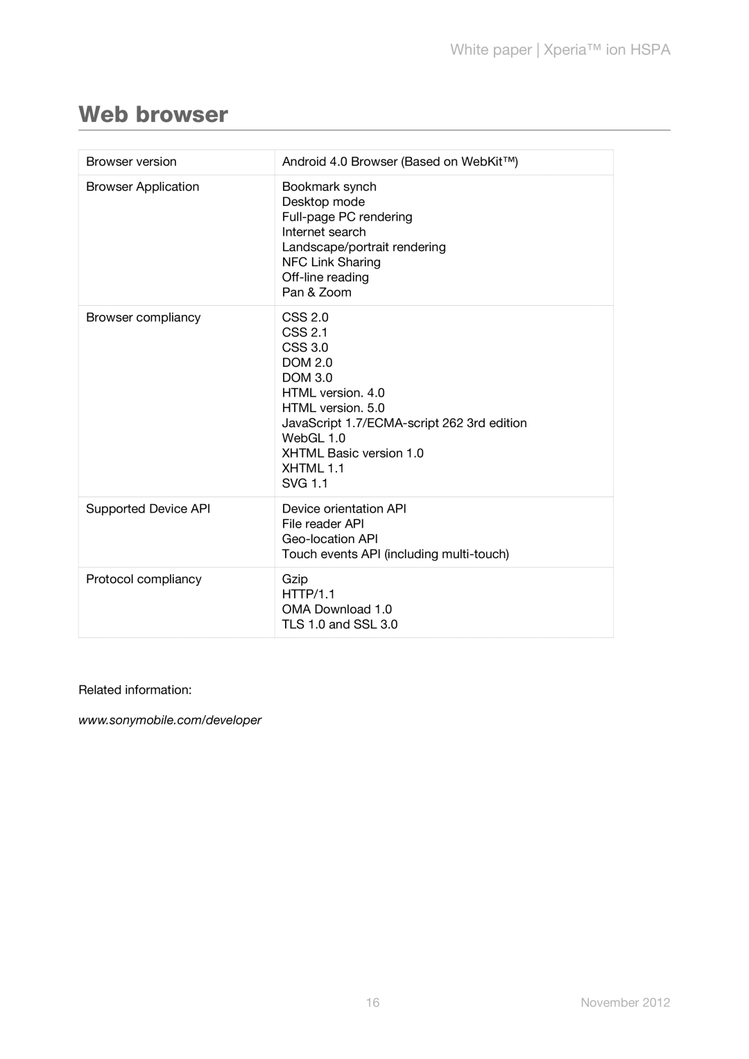 Sony LT28h manual Web browser, Xhtml 