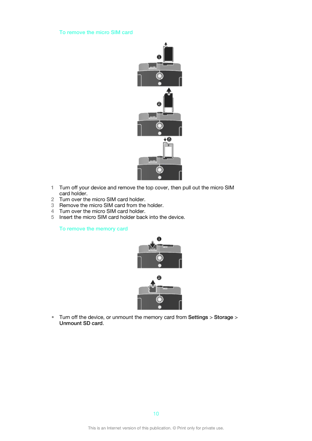 Sony LT28i, LT28h manual To remove the micro SIM card 