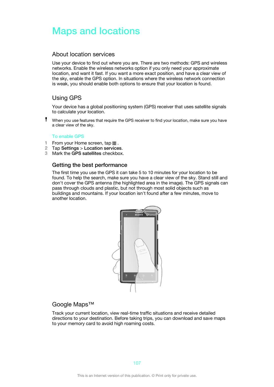 Sony LT28h, LT28i manual Maps and locations, About location services, Using GPS, Google Maps, Getting the best performance 