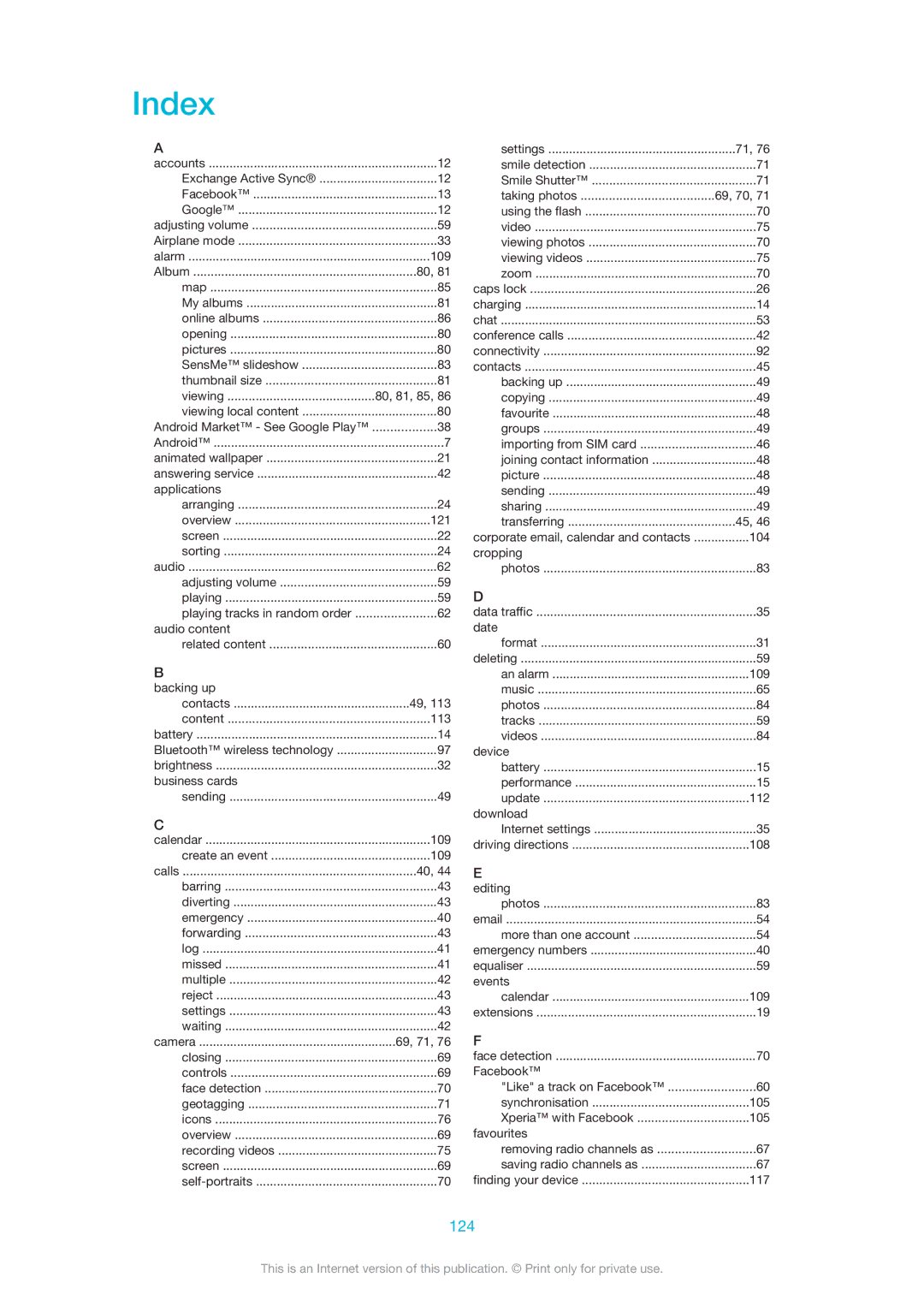 Sony LT28i, LT28h manual Index, 124 