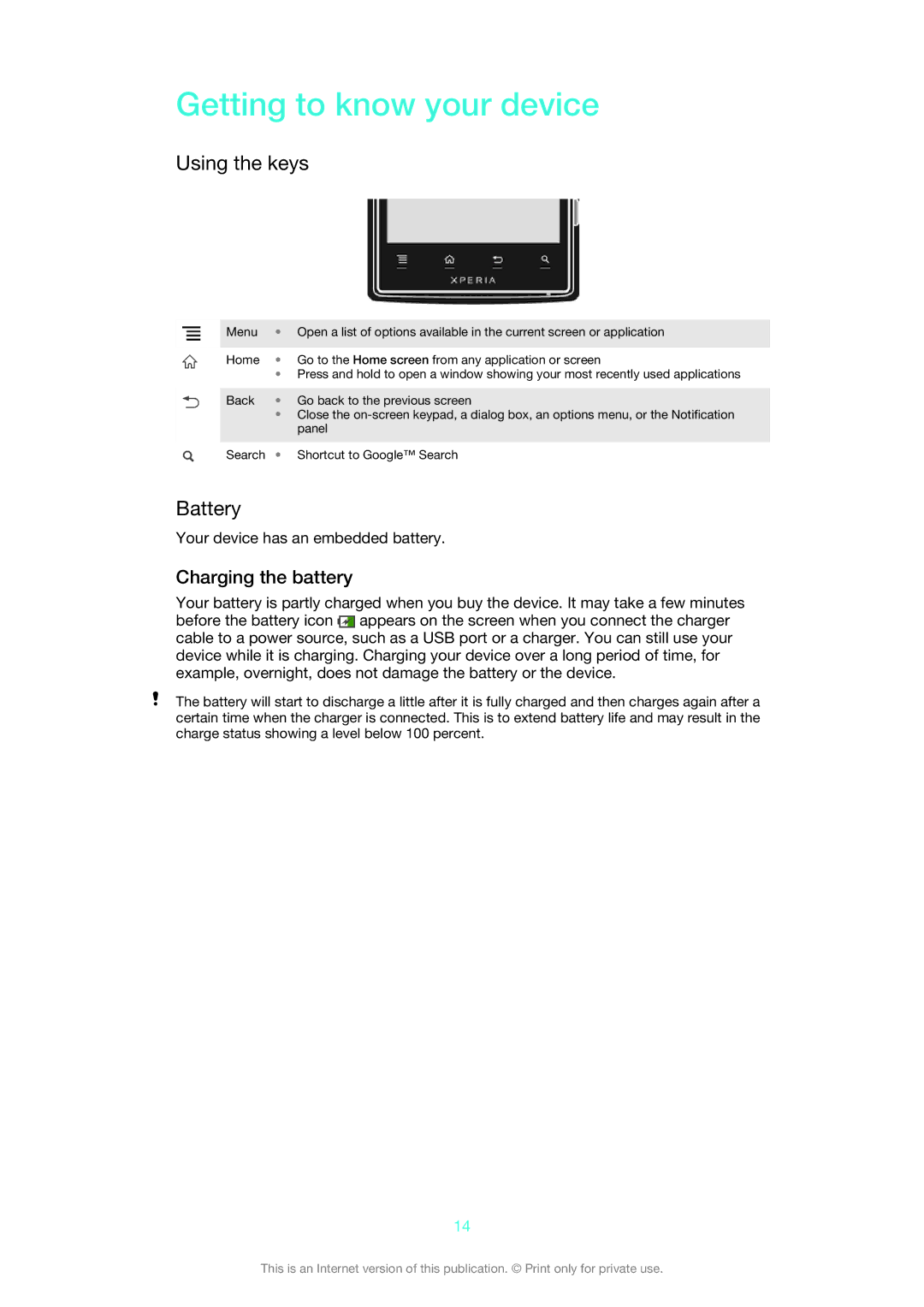 Sony LT28i Getting to know your device, Using the keys, Battery, Charging the battery, Your device has an embedded battery 