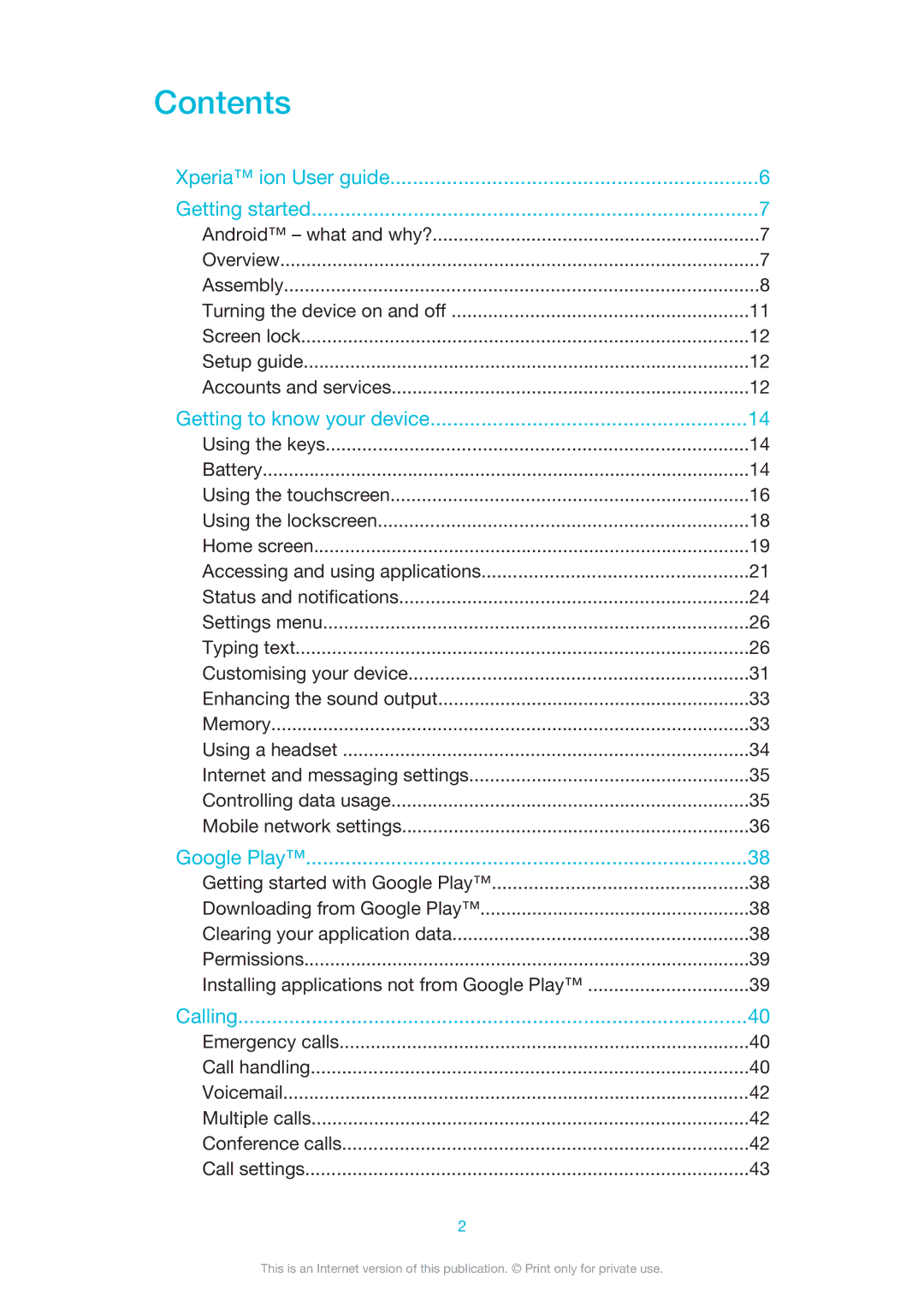 Sony LT28i, LT28h manual Contents 