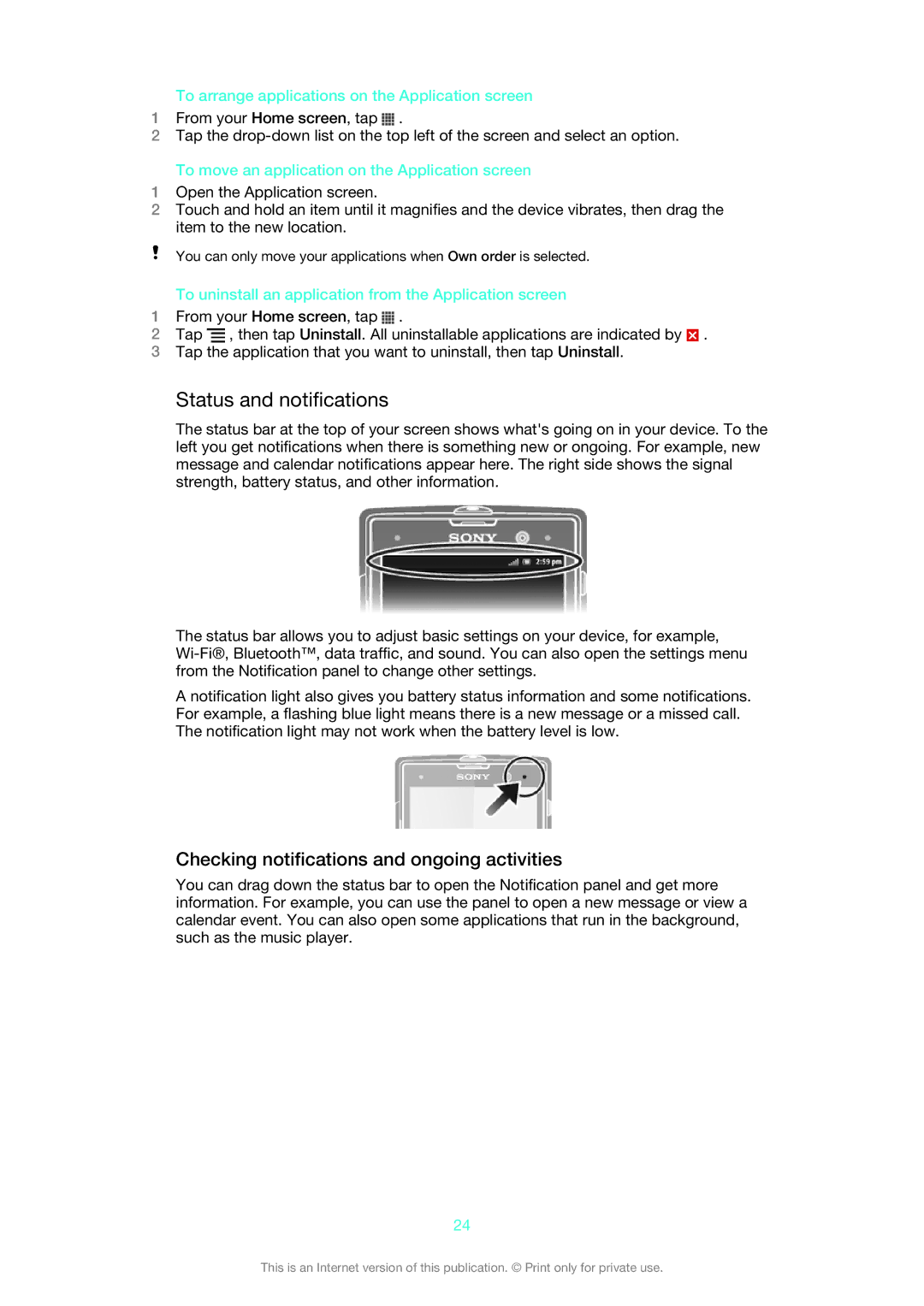 Sony LT28i, LT28h manual Status and notifications, Checking notifications and ongoing activities 