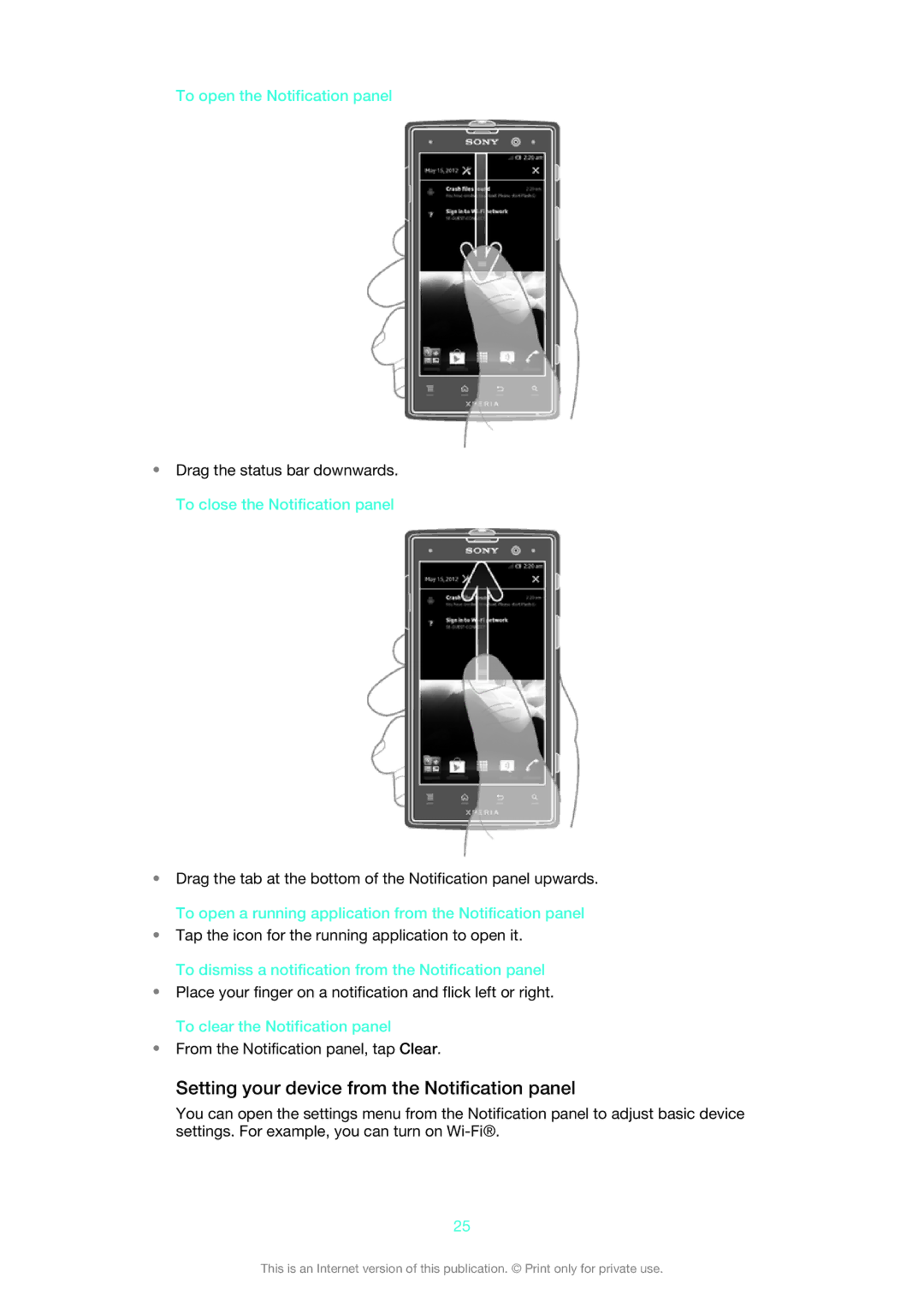 Sony LT28h, LT28i manual Setting your device from the Notification panel, To open the Notification panel 