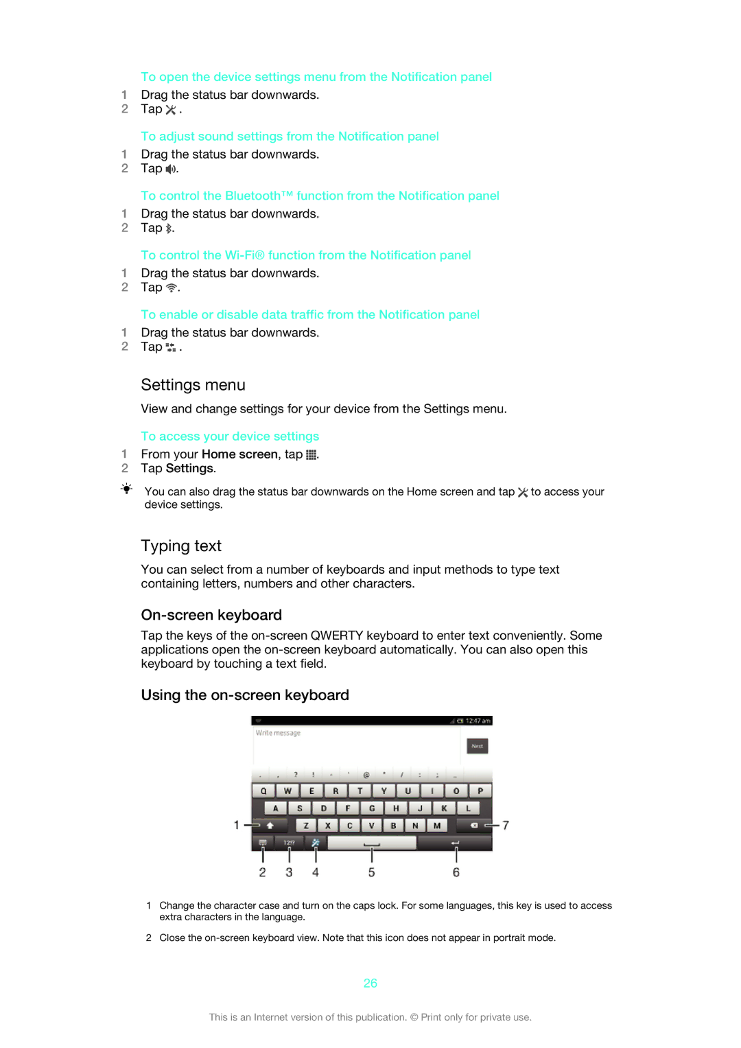 Sony LT28i, LT28h manual Settings menu, Typing text, On-screen keyboard, Using the on-screen keyboard 