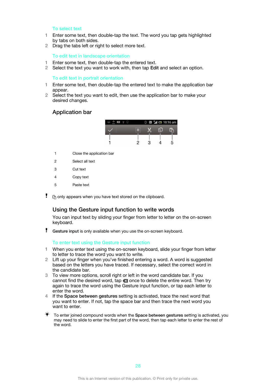 Sony LT28i, LT28h manual Application bar, Using the Gesture input function to write words 