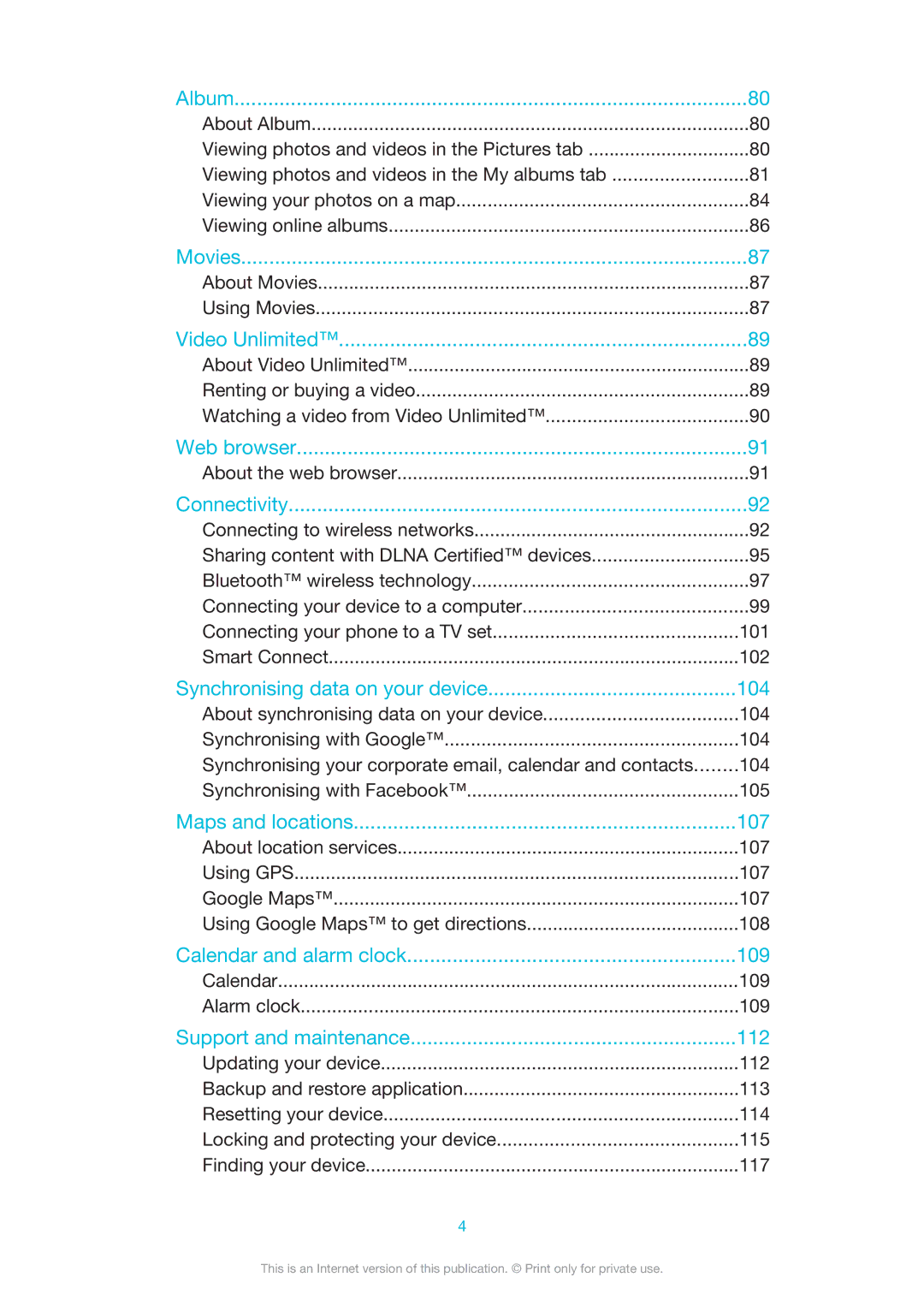 Sony LT28i, LT28h manual About Movies Using Movies, About the web browser, Calendar 109 Alarm clock 