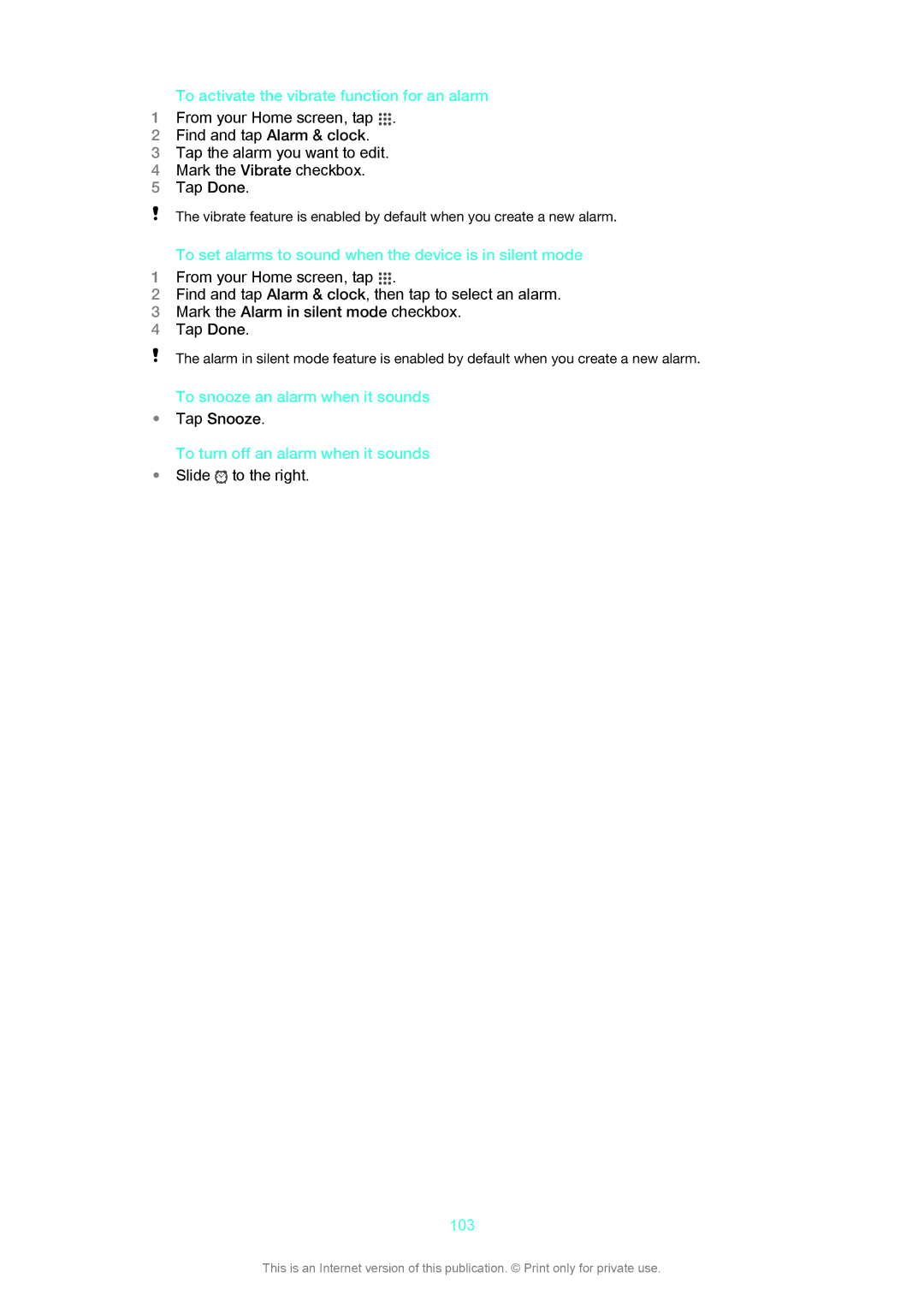 Sony LT29i To activate the vibrate function for an alarm, To set alarms to sound when the device is in silent mode, 103 