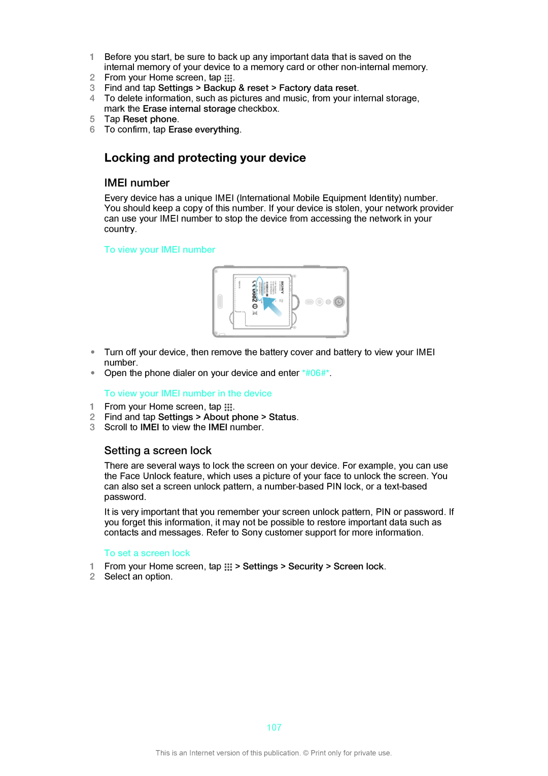 Sony LT29i manual Locking and protecting your device, Imei number, Setting a screen lock 