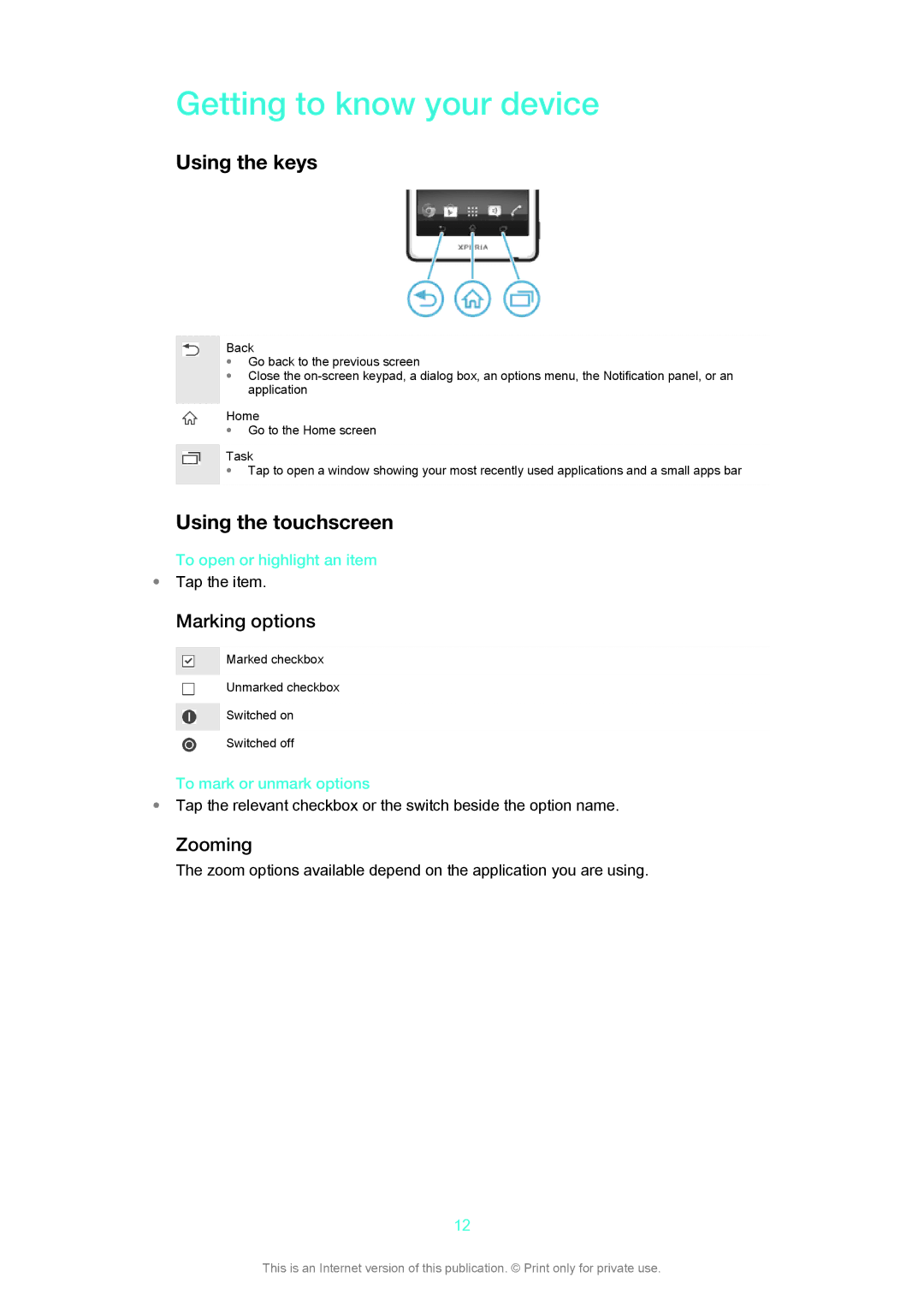 Sony LT29i manual Getting to know your device, Using the keys, Using the touchscreen, Marking options, Zooming 