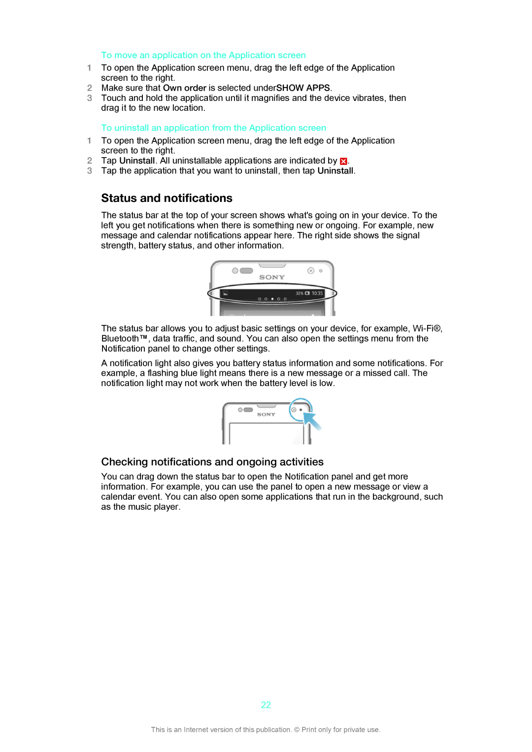 Sony LT29i manual Status and notifications, Checking notifications and ongoing activities 