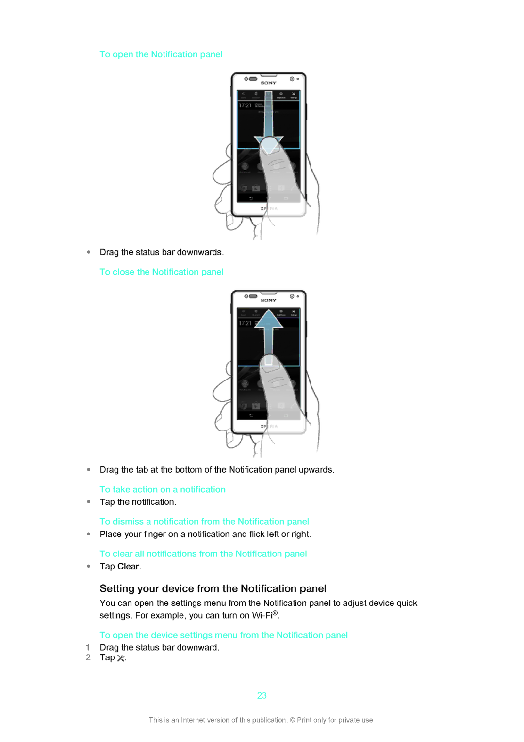 Sony LT29i manual Setting your device from the Notification panel 