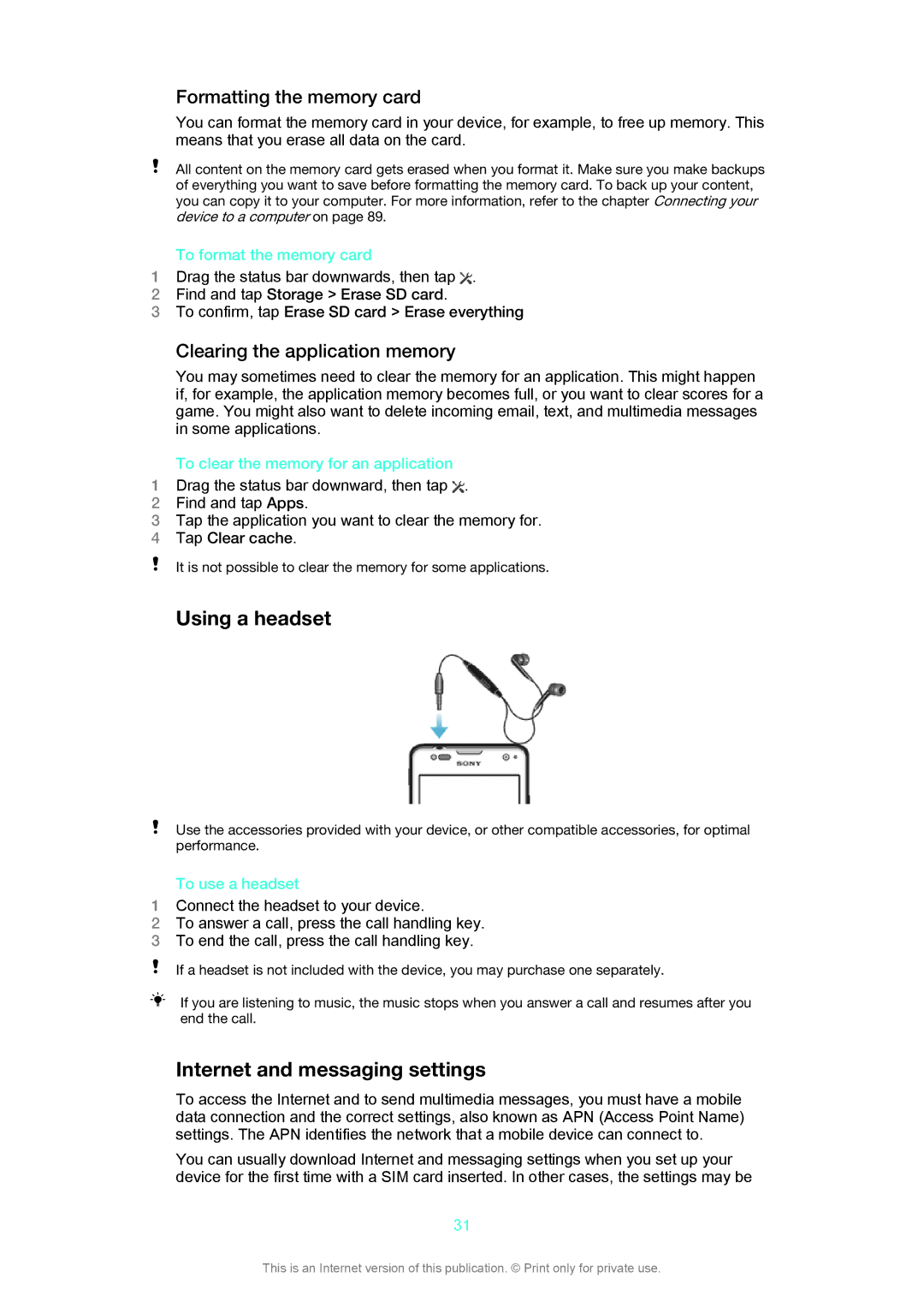 Sony LT29i Using a headset, Internet and messaging settings, Formatting the memory card, Clearing the application memory 