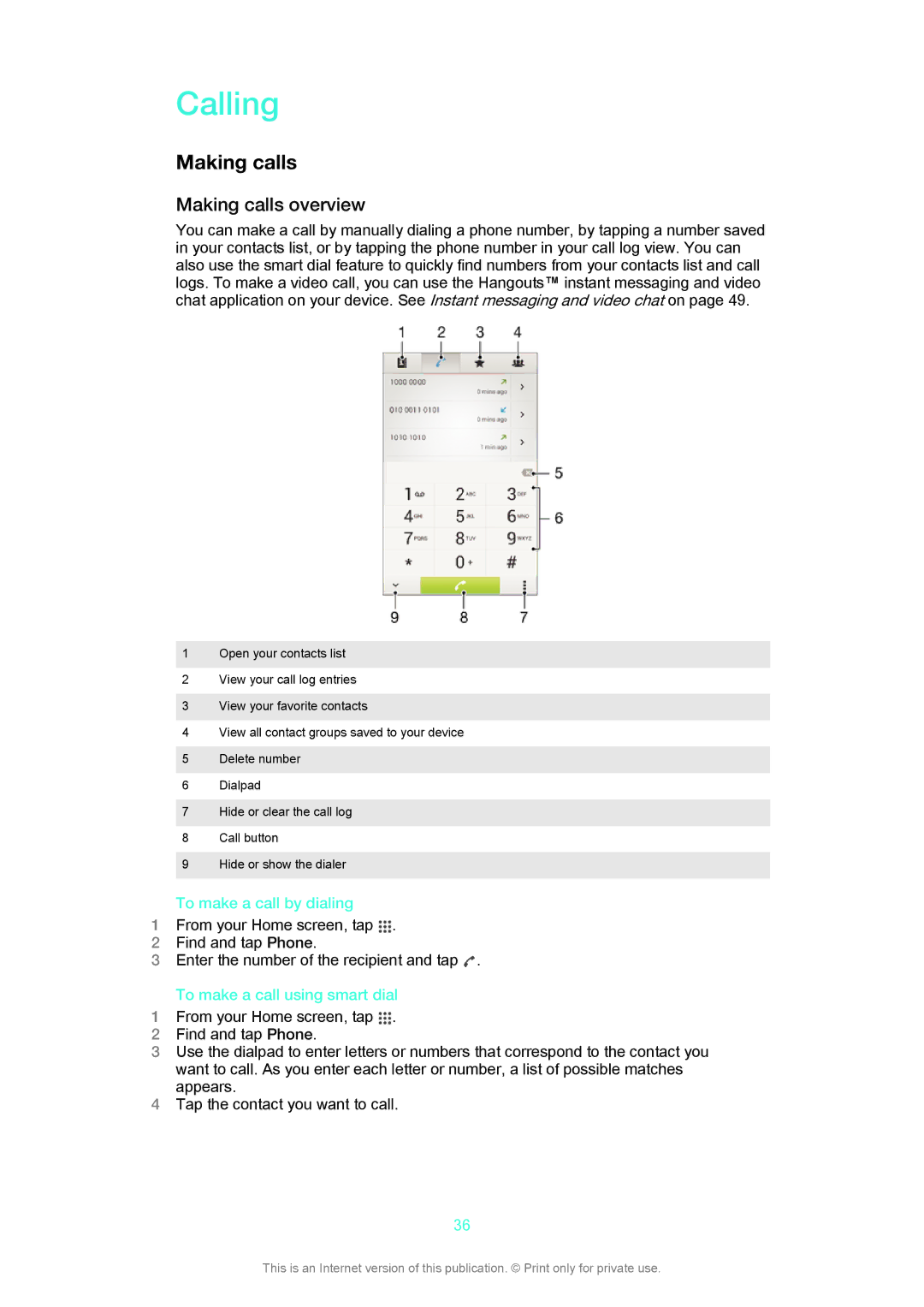 Sony LT29i manual Calling, Making calls overview, To make a call by dialing, To make a call using smart dial 