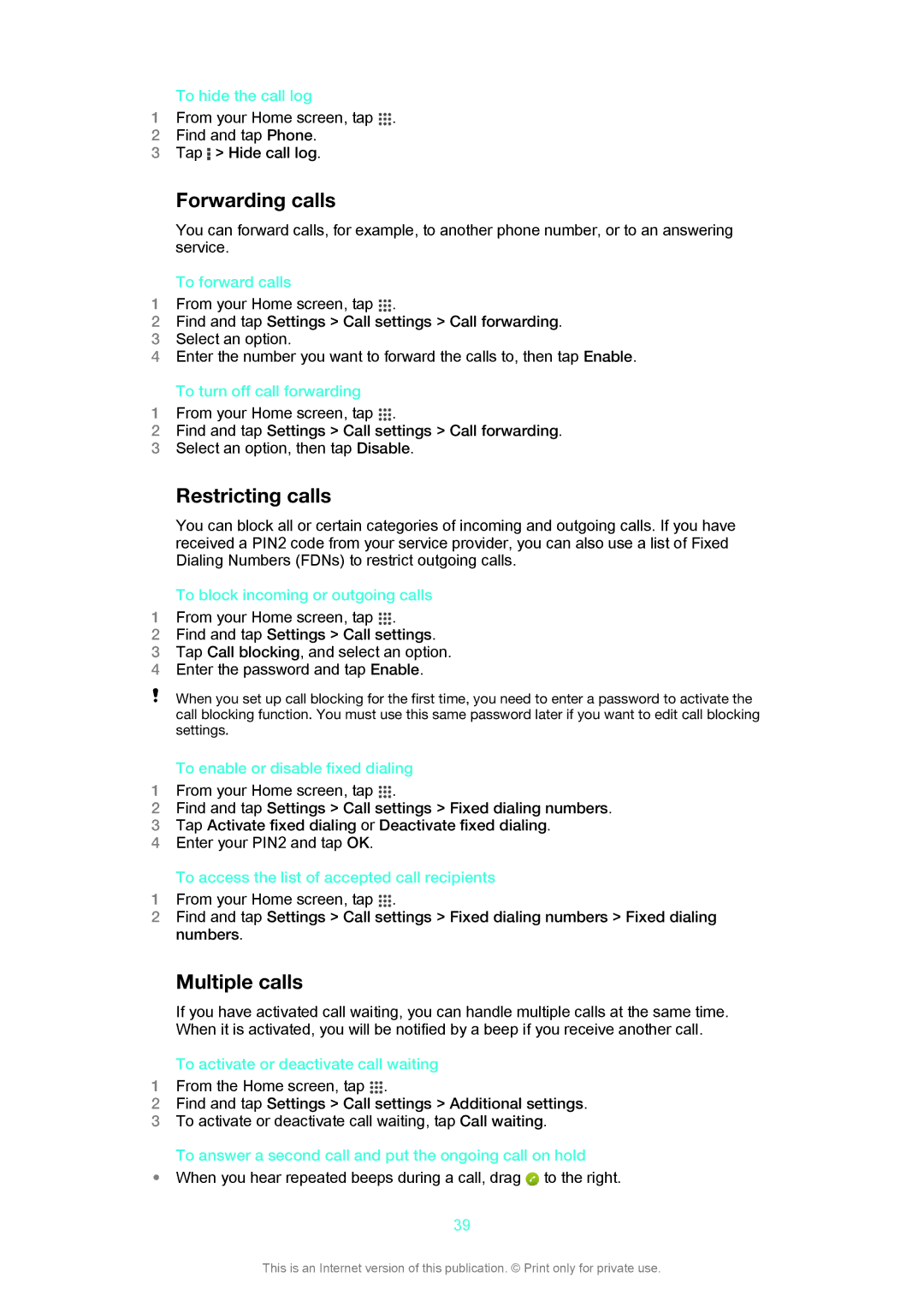 Sony LT29i manual Forwarding calls, Restricting calls, Multiple calls 