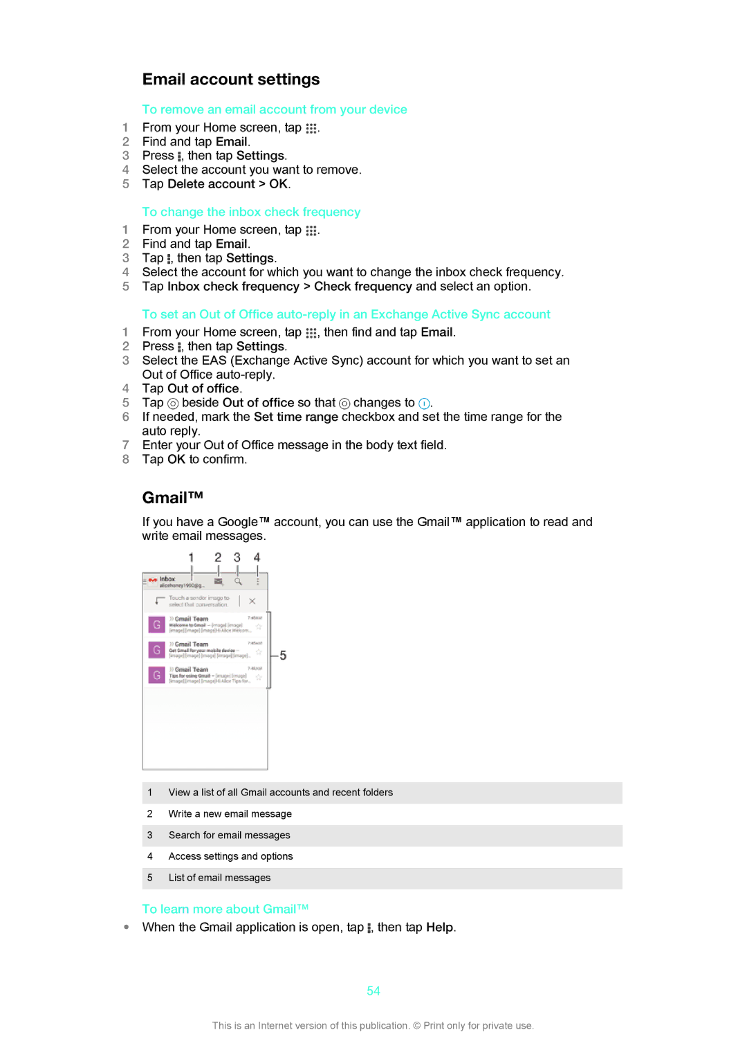 Sony LT29i Email account settings, Gmail, To remove an email account from your device, To change the inbox check frequency 