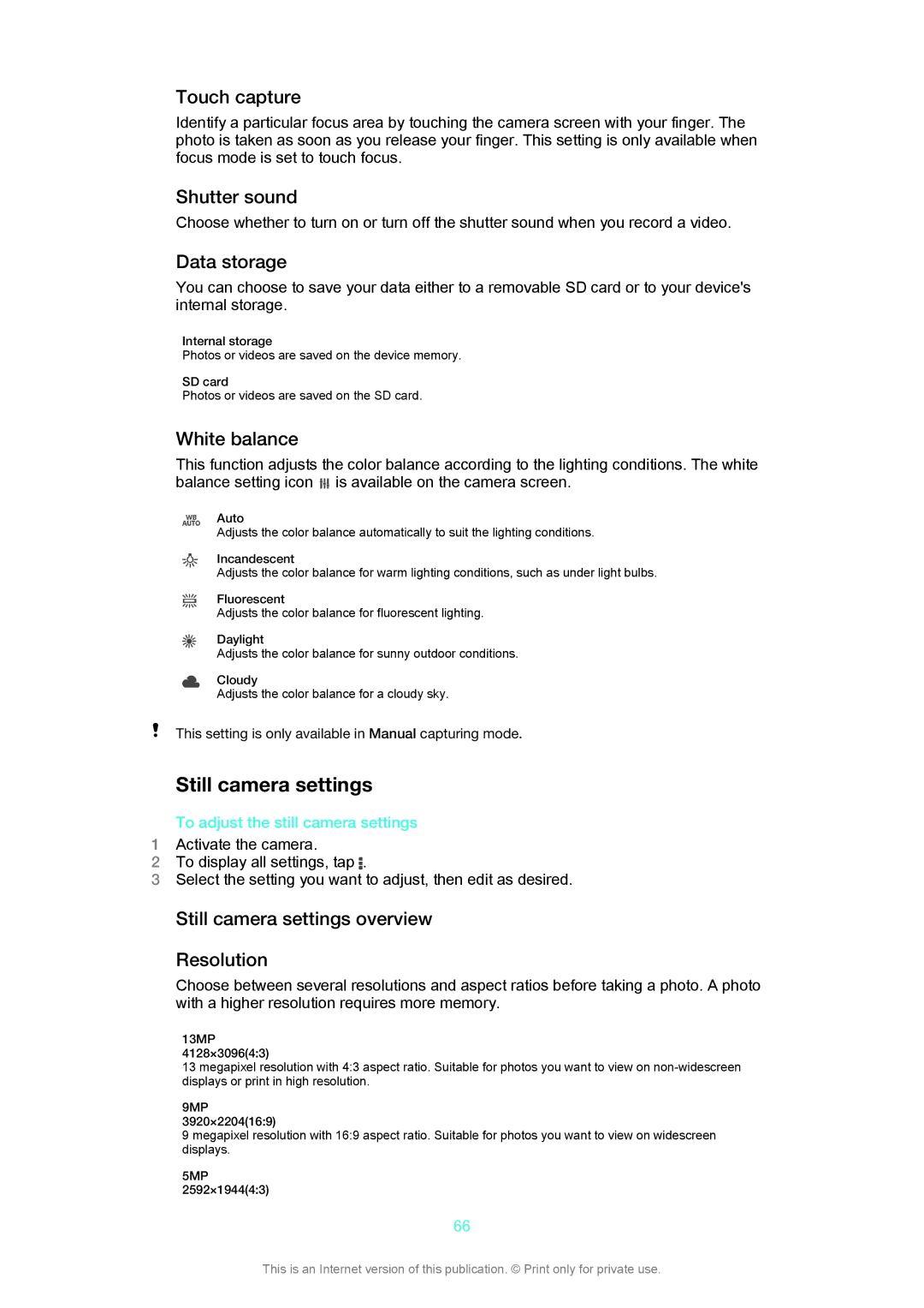 Sony LT29i manual Still camera settings 