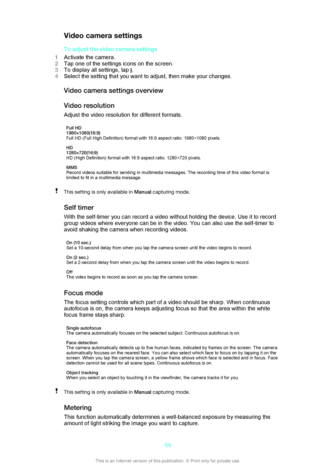 Sony LT29i manual Video camera settings overview Video resolution, To adjust the video camera settings 