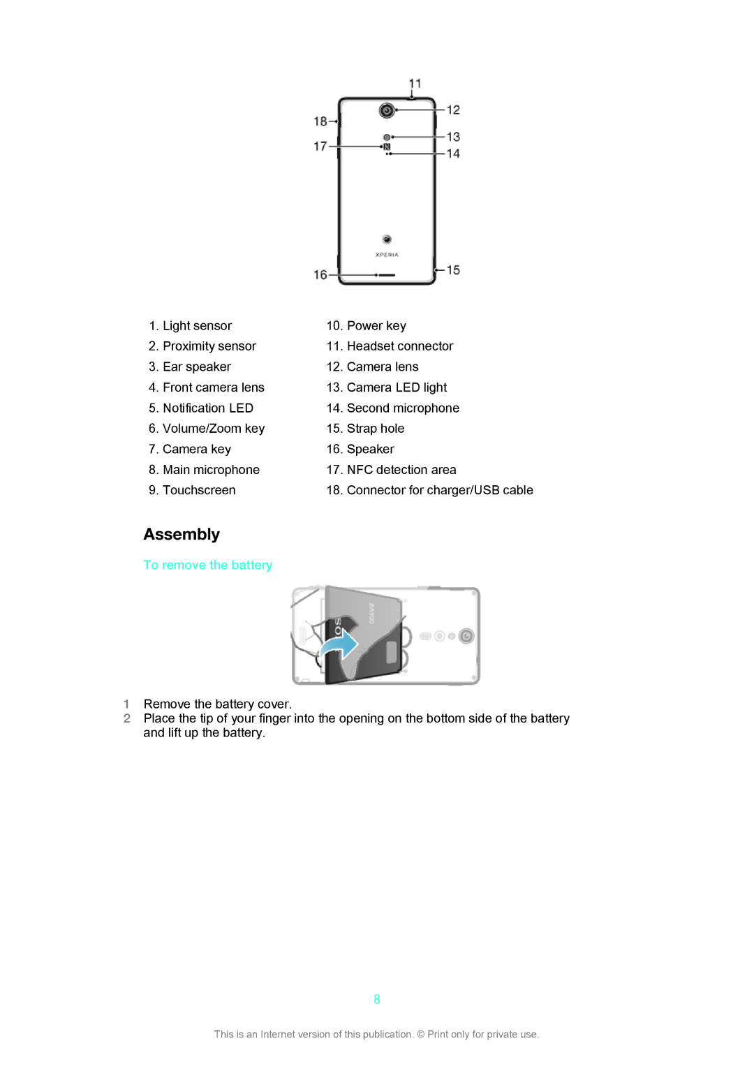 Sony LT29i manual Assembly, To remove the battery 