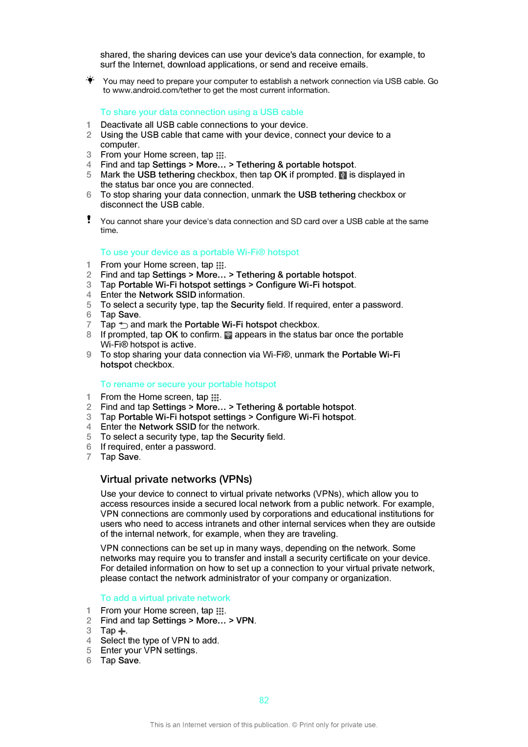 Sony LT29i manual Virtual private networks VPNs, To share your data connection using a USB cable 