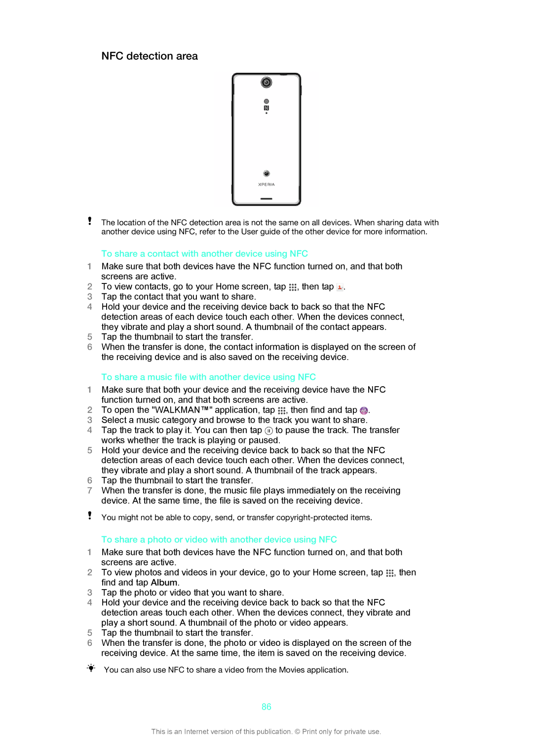 Sony LT29i manual NFC detection area, To share a contact with another device using NFC 