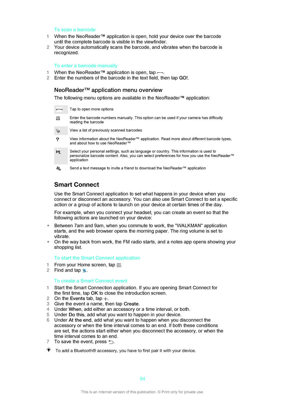 Sony LT29i manual Smart Connect, NeoReader application menu overview 